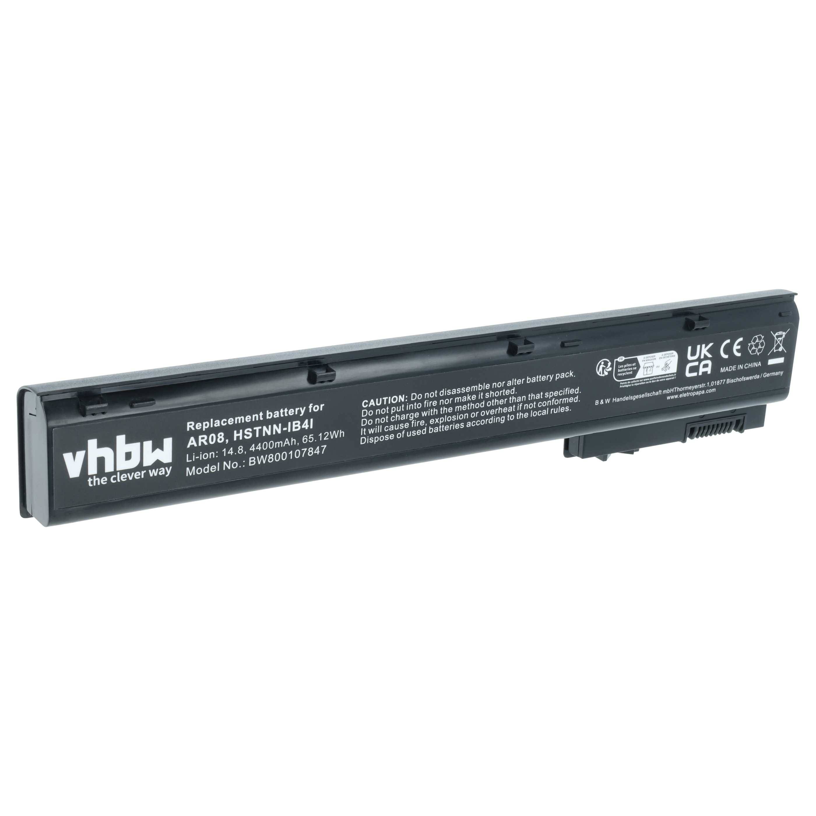Eine schwarze Ersatz-Laptop-Batterie von vhbw mit dem Modell AR08, 14,8V, 2200mAh und Warnhinweisen. Speziell für bestimmte HP-Modelle entwickelt.