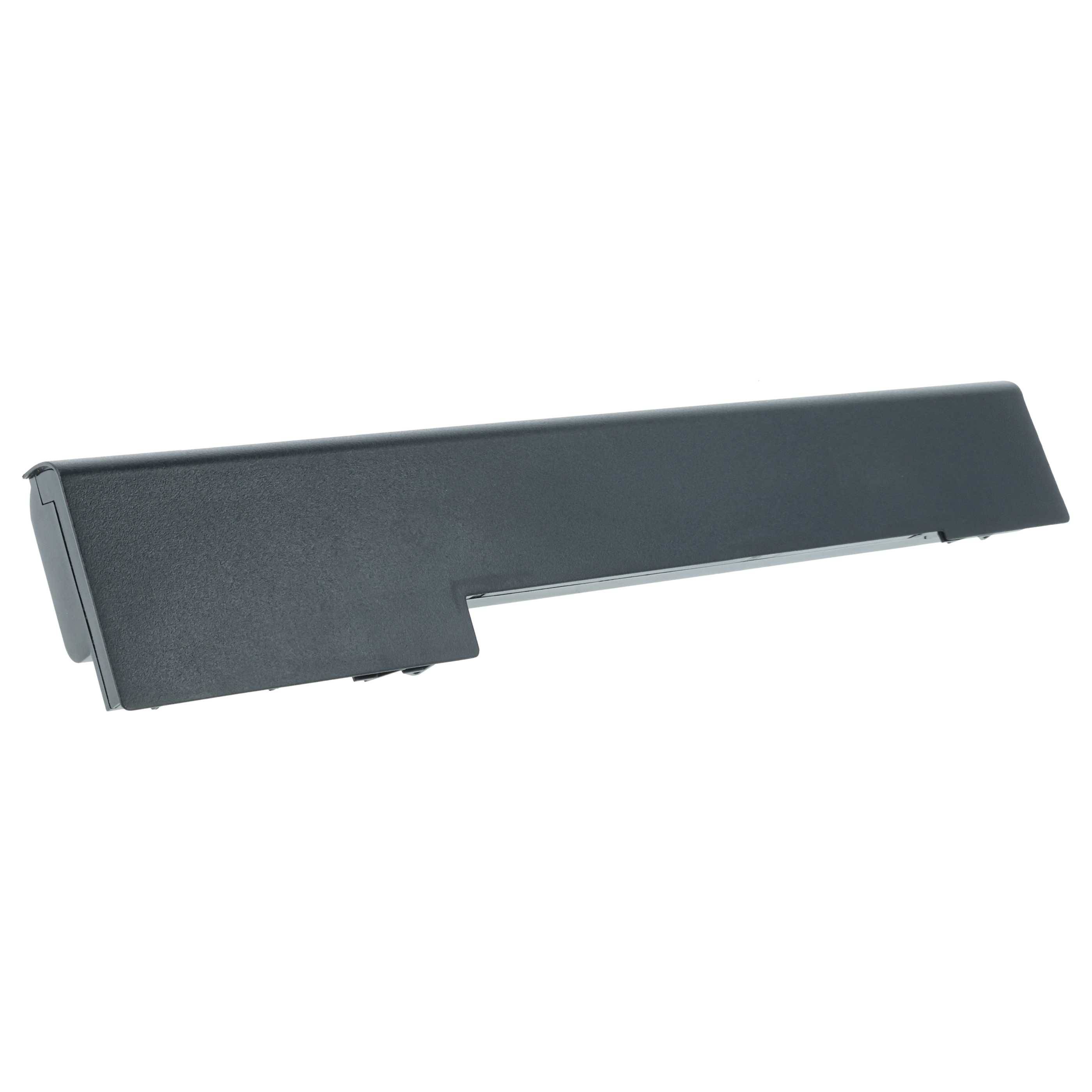 Eine schlanke, schwarze Laptop-Batterie aus der Seitenperspektive, die ihre rechteckige Form und metallischen Anschlusspunkte zeigt.