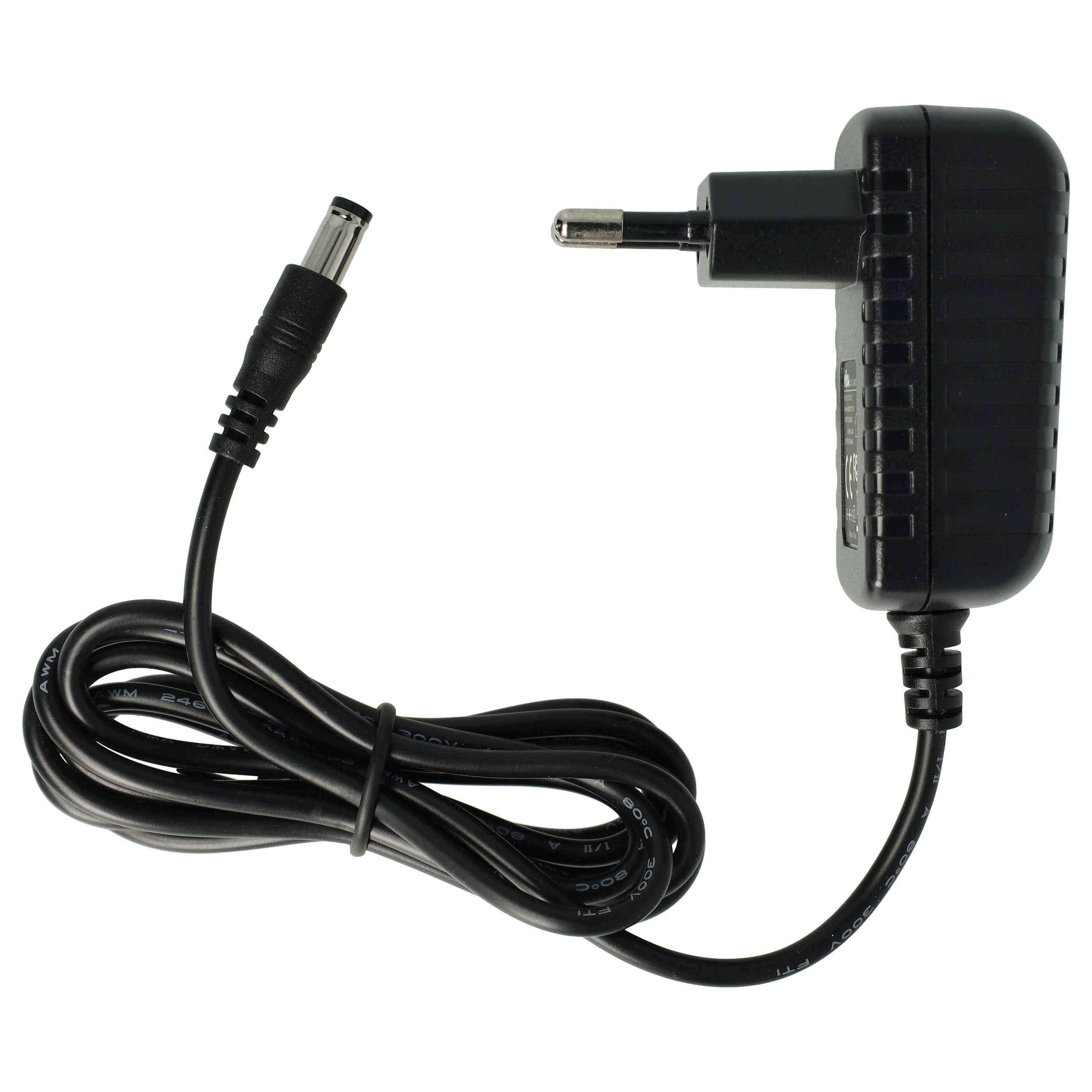 Schwarzes AC-Stromadapter mit europäischem Stecker und angeschlossenem Barrel-Connector-Kabel, dargestellt auf weißem Hintergrund.