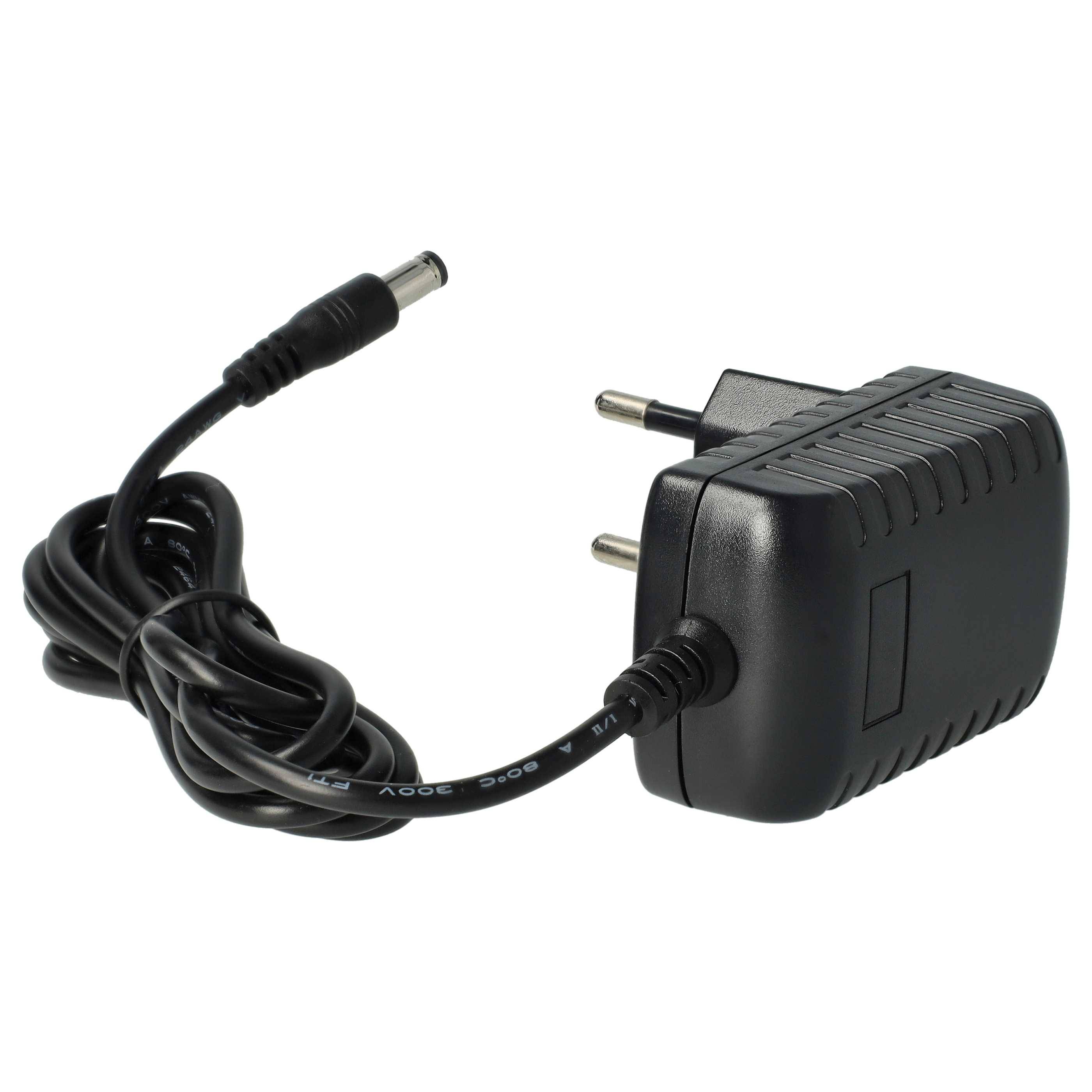 Schwarzer Netzteil mit zweipoliger Steckdose und angeschlossenem Kabel, das in einen Hohlstecker endet.