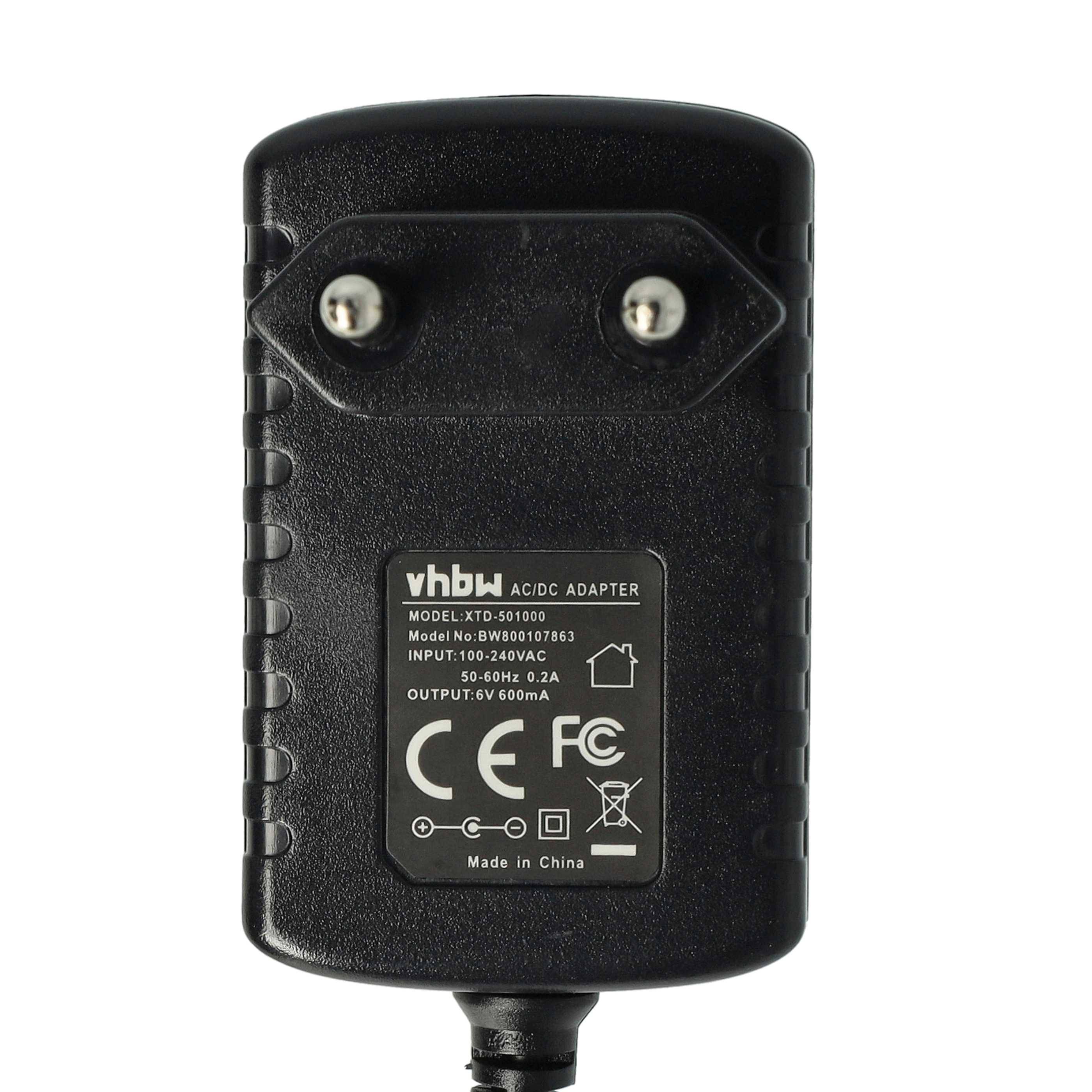 Rückansicht eines schwarzen vhbw AC/DC-Adapters mit zwei runden Steckerkontakten und Produktetikett mit Eingabe 100-240V und Ausgabe 5V 600mA.