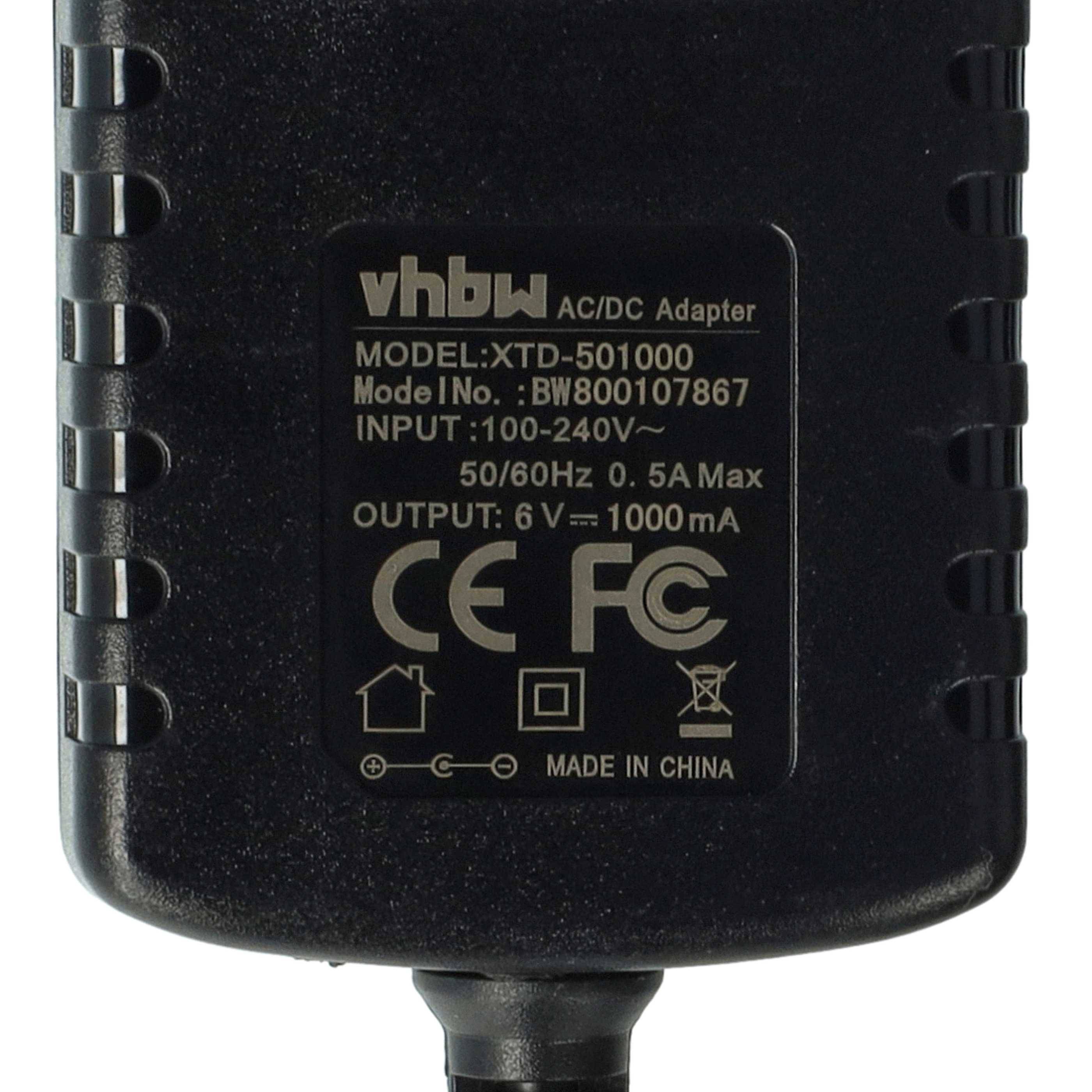 Nahaufnahme eines vhbw AC/DC-Adapteretikett mit Modell XTD-501000, Eingang 100-240V~ 50/60Hz 0,5A max, Ausgang 6V 1000mA, CE/FCC-Kennzeichen, hergestellt in China.