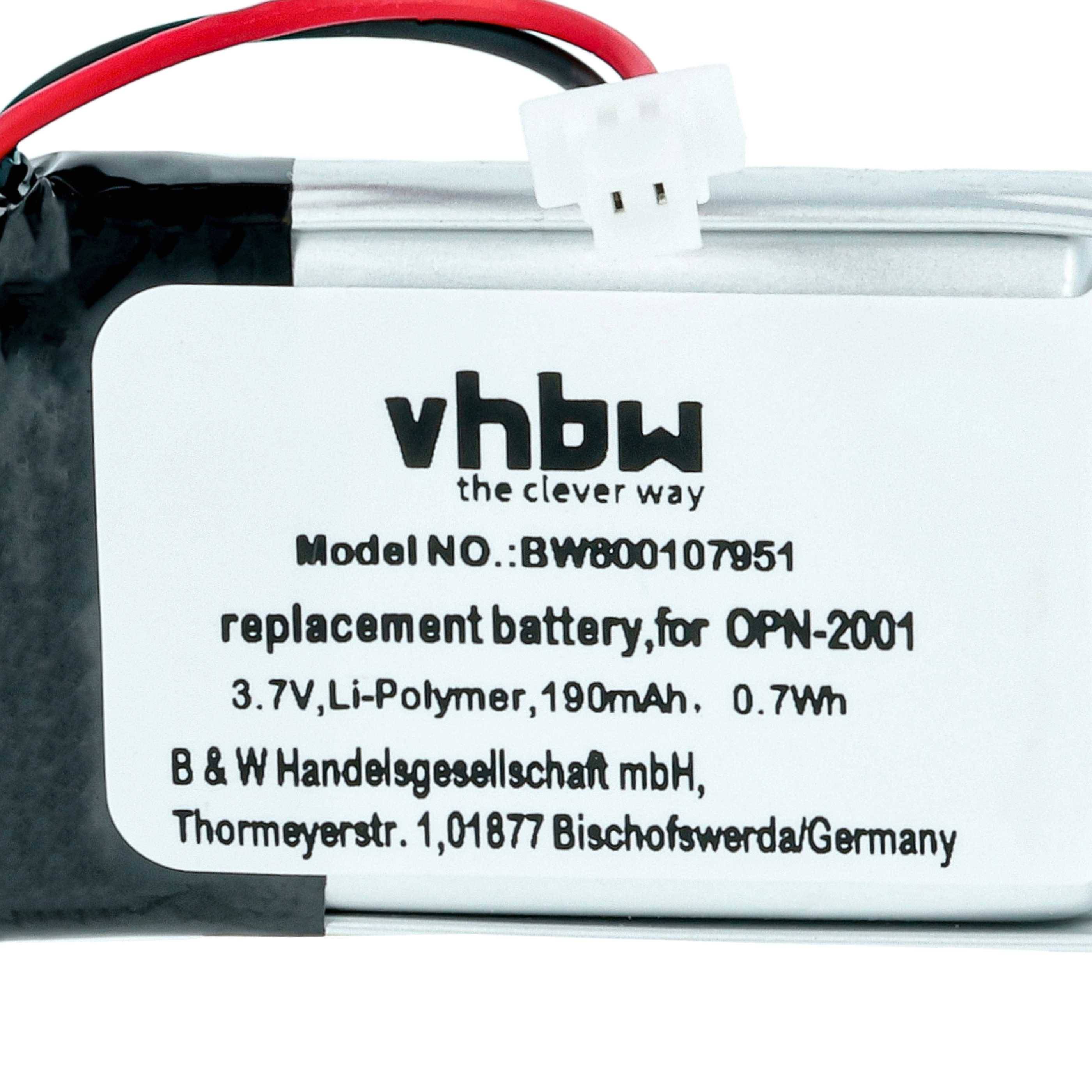 Batterie mit Verdrahtung, beschriftet mit „vhbw Ersatzbatterie für OPN-2001