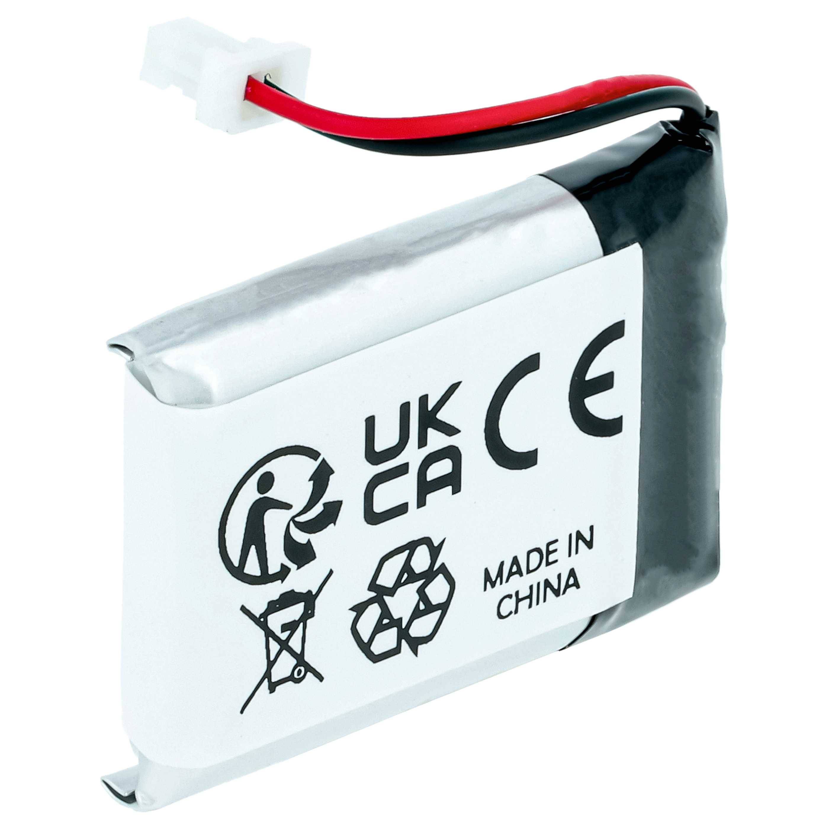Lithium-Polymer-Batterie mit UKCA-, CE-Kennzeichnung und Recycling-Symbol. Text: Made in China. Warnsymbol für Entsorgung.