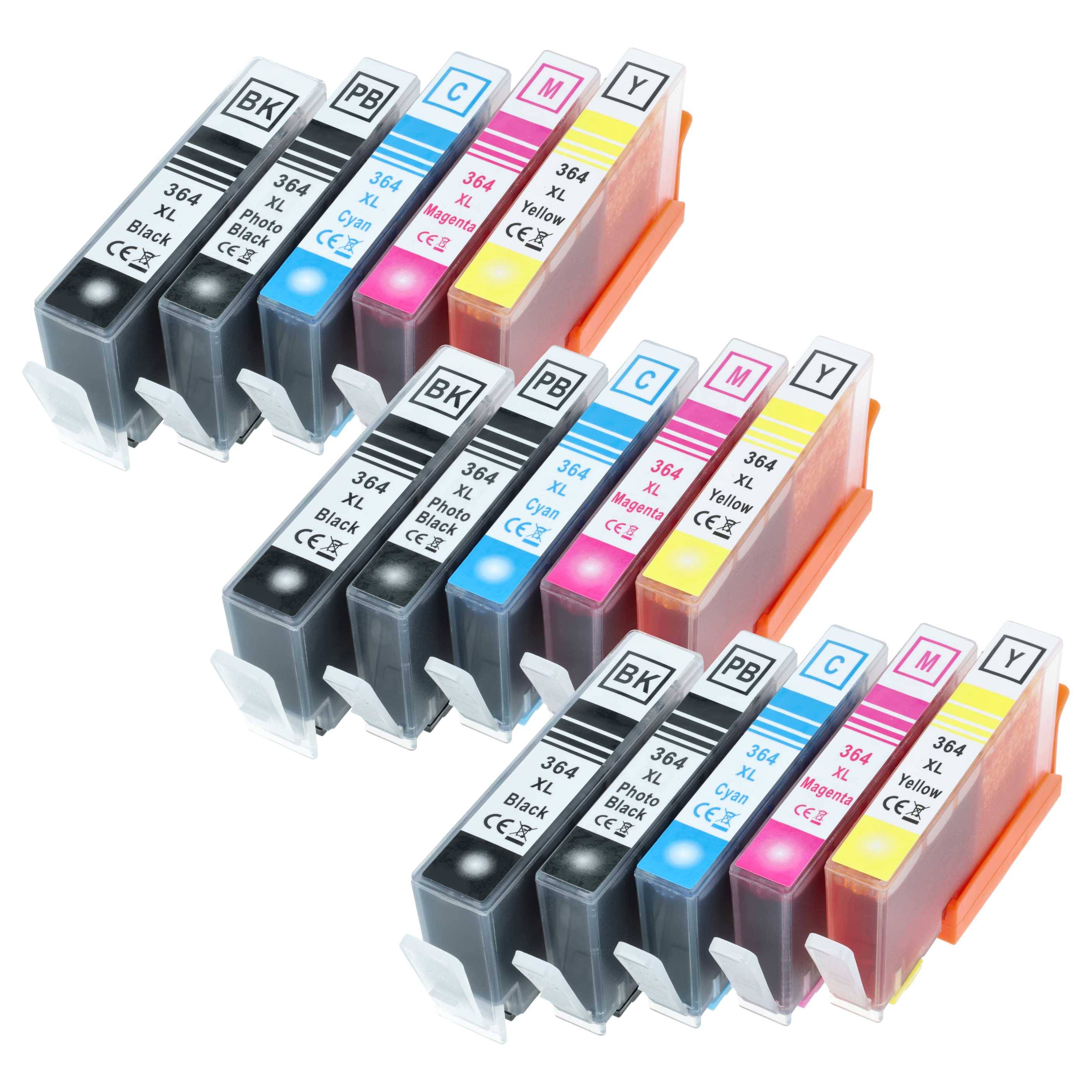 Zwei Sätze Farbtonerkartuschen, jeder enthält Schwarz, Cyan, Magenta und Gelb. Jede Kartusche ist mit „364