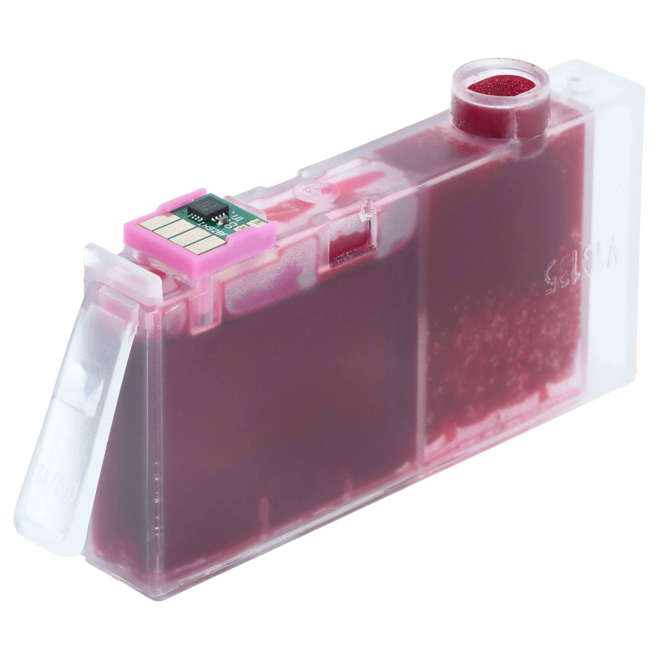 Eine rote Tintenpatrone mit durchsichtigem Kunststoffgehäuse, das die Tintenmenge im Inneren zeigt. Ein Chip mit Metallkontakten ist oben links sichtbar.