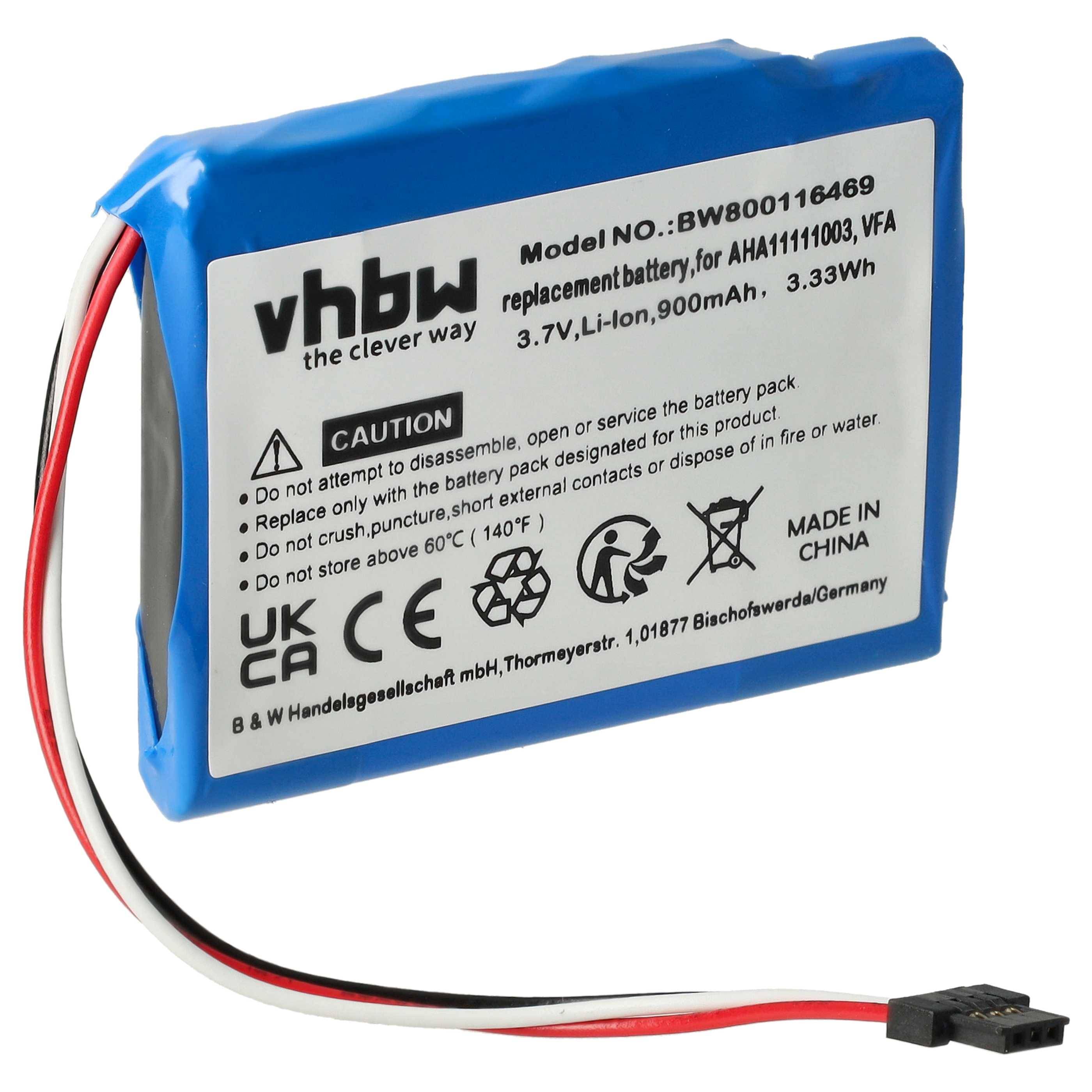Ein blaues Lithium-Ionen-Akkupaket mit Warnschild, Modellnummer BW8000116469, 3,7V, 900mAh, 3,33Wh.