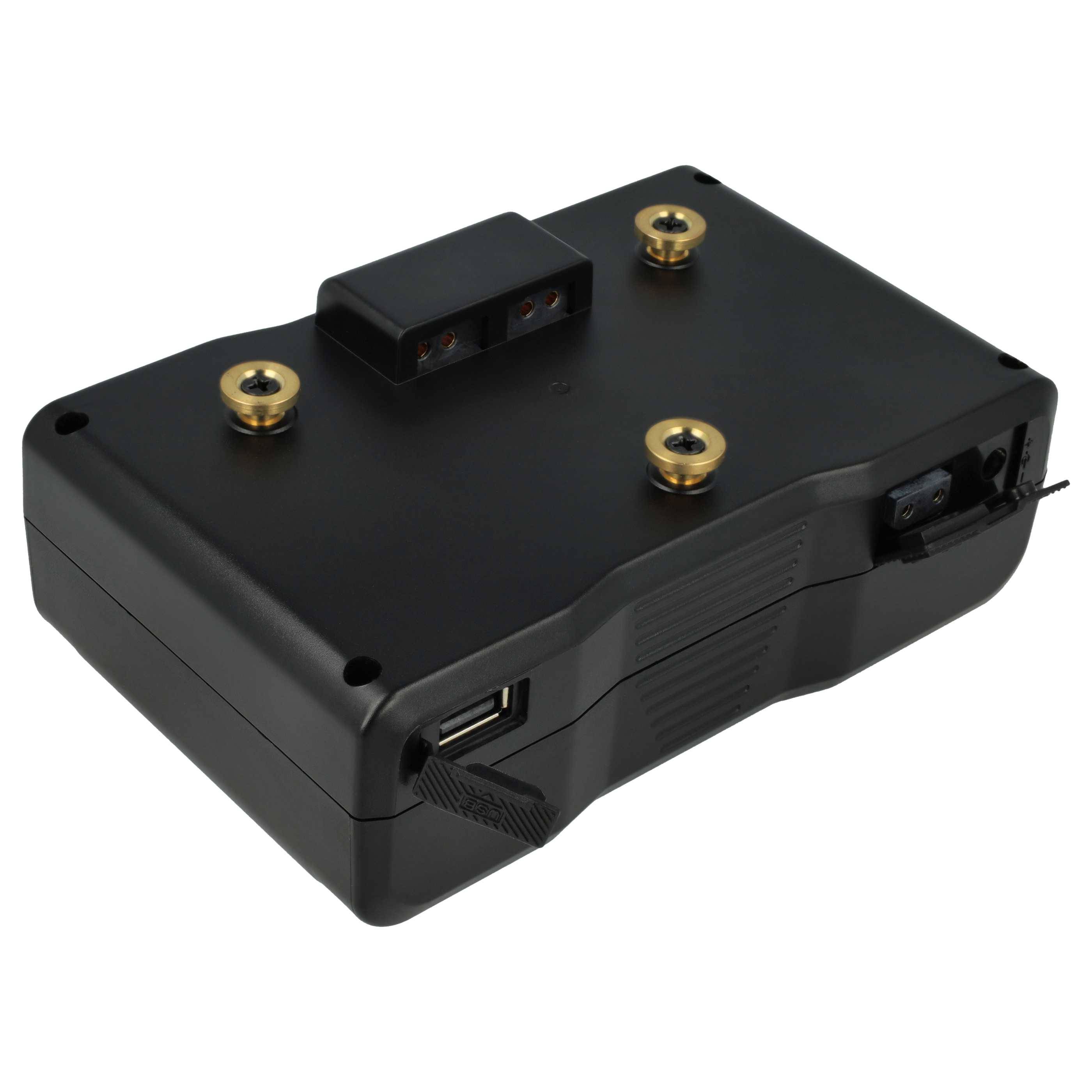 Ein schwarzes elektronisches Gerät mit zwei Messingverbindern, einem USB-Anschluss und einem kleinen aufgebauten Modul oben.