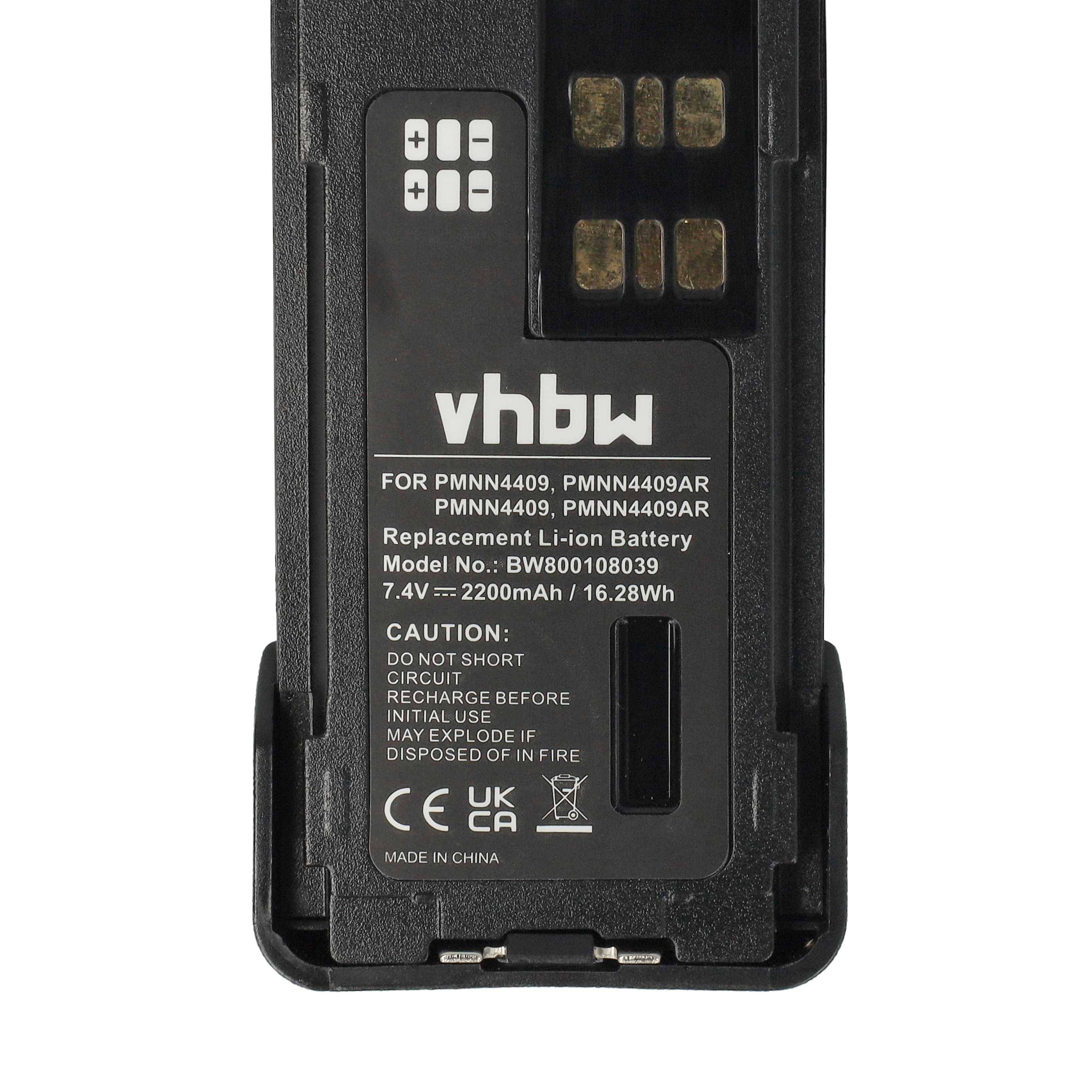 Eine schwarze vhbw Ersatz-Li-Ionen-Batterie, gekennzeichnet mit Modellnummer und Anweisungen, einschließlich 'Kurzschluss vermeiden' und Recycling-Informationen.