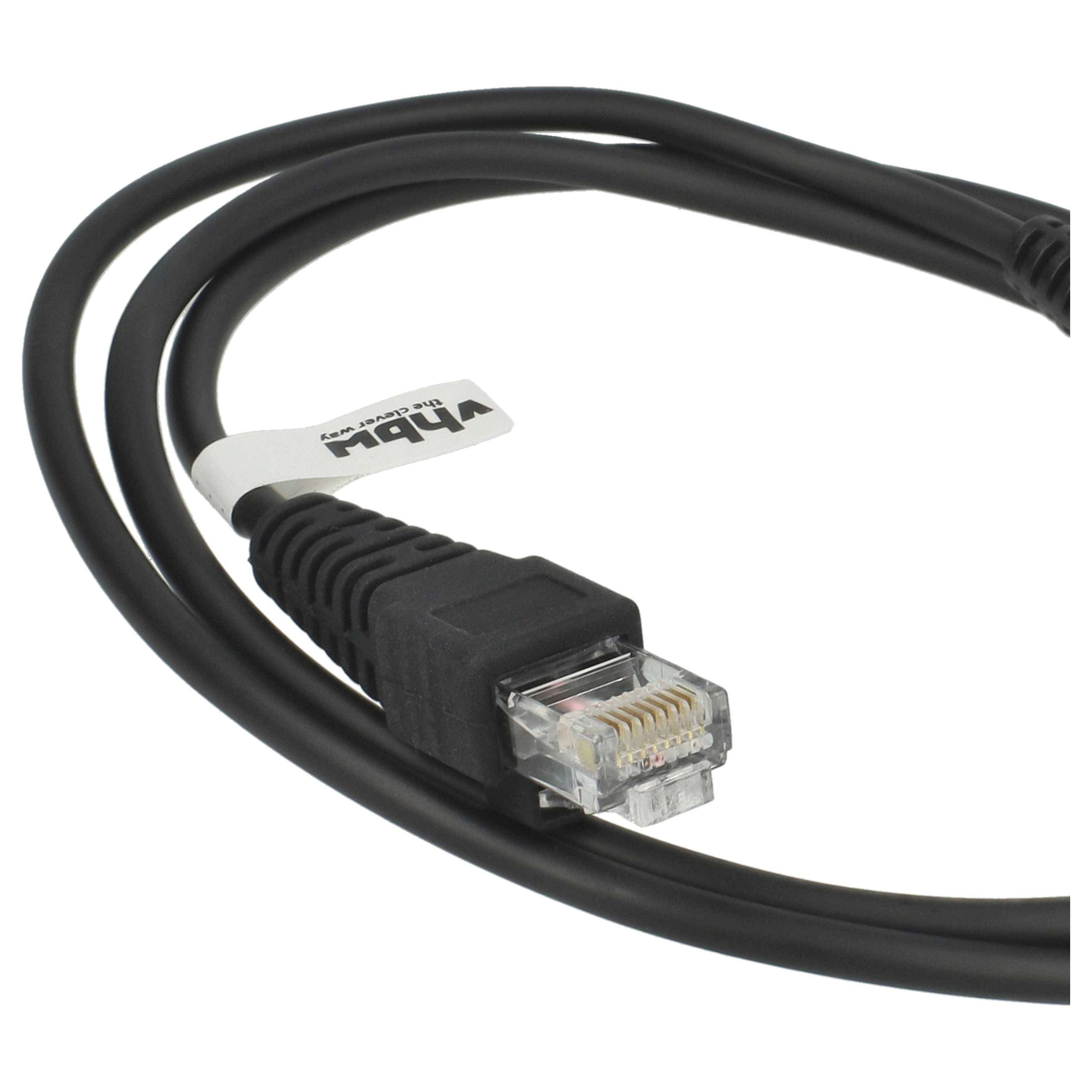 Ein schwarzes Ethernet-Kabel mit RJ-45-Stecker, aufgewickelt und gekennzeichnet, verwendet für Internet- oder Netzwerkverbindungen.