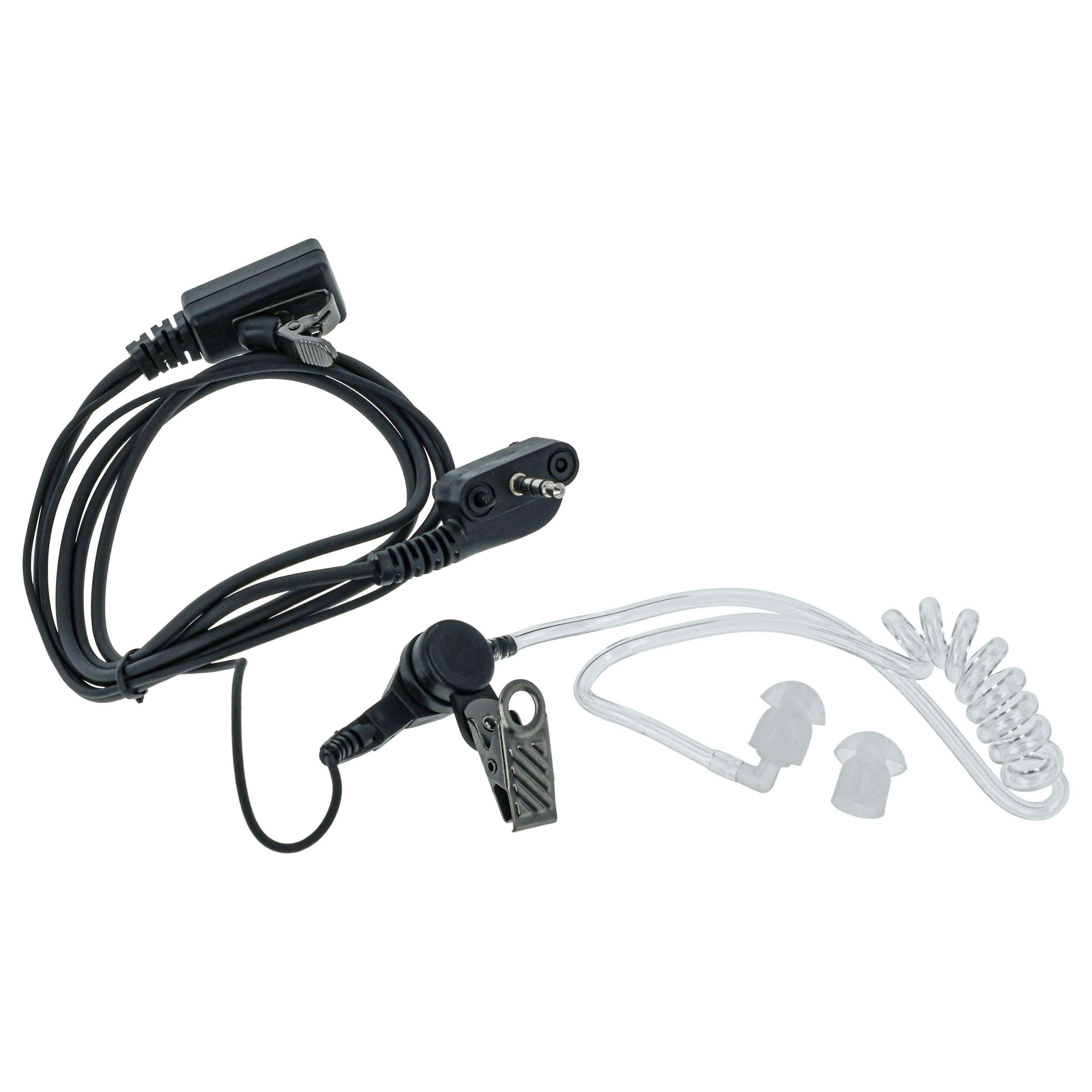 Ohrhörer mit Spiralschlauch und zwei Sätzen Ohrstöpseln, verbunden mit einem Audiokabel mit Clip und zweipoliger Steckverbindung, geeignet für Funkgeräte.