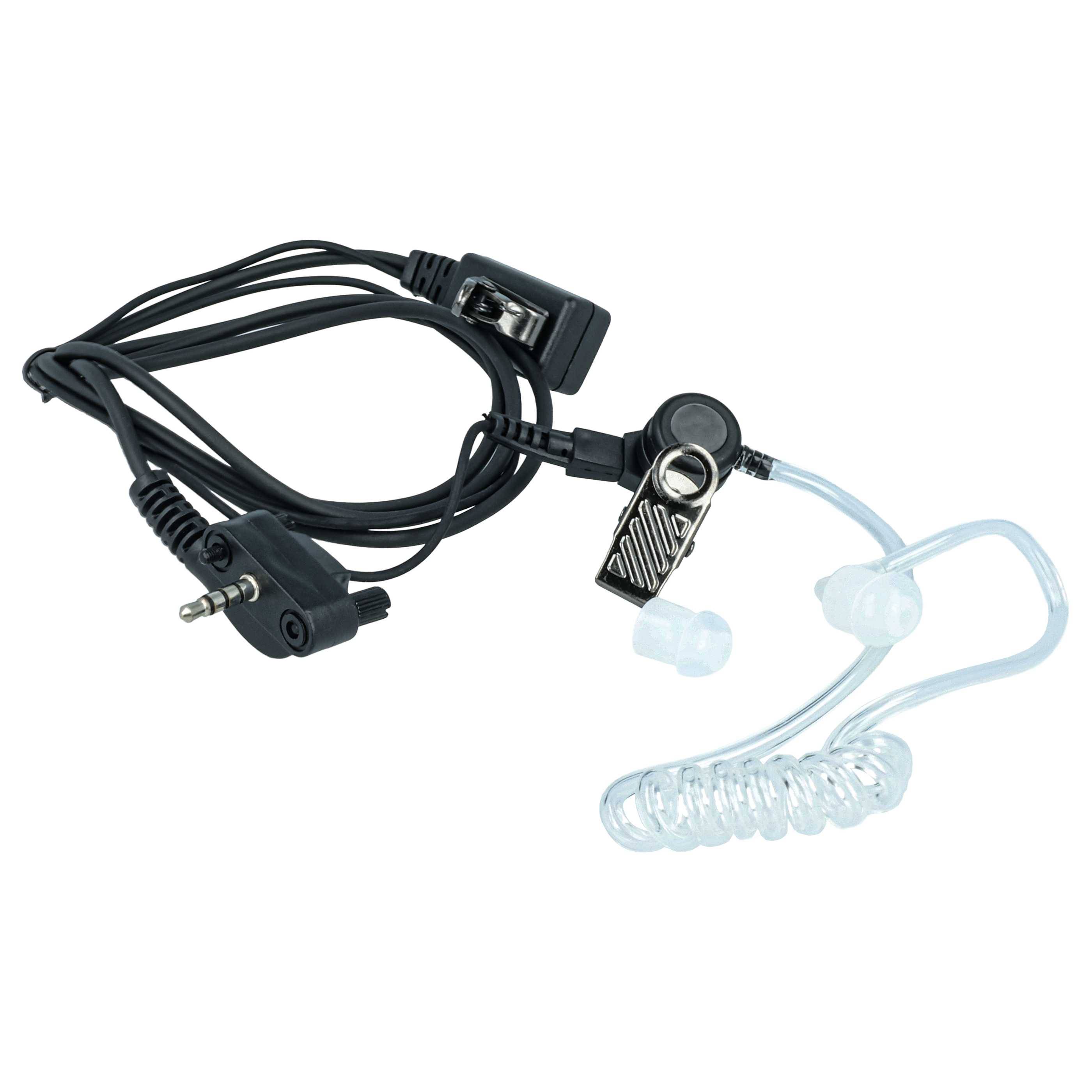 Ohrhörer mit durchsichtigem Schlauch, Clip und Anschluss für Funkgeräte oder Radios, typischerweise für diskrete Kommunikation verwendet.