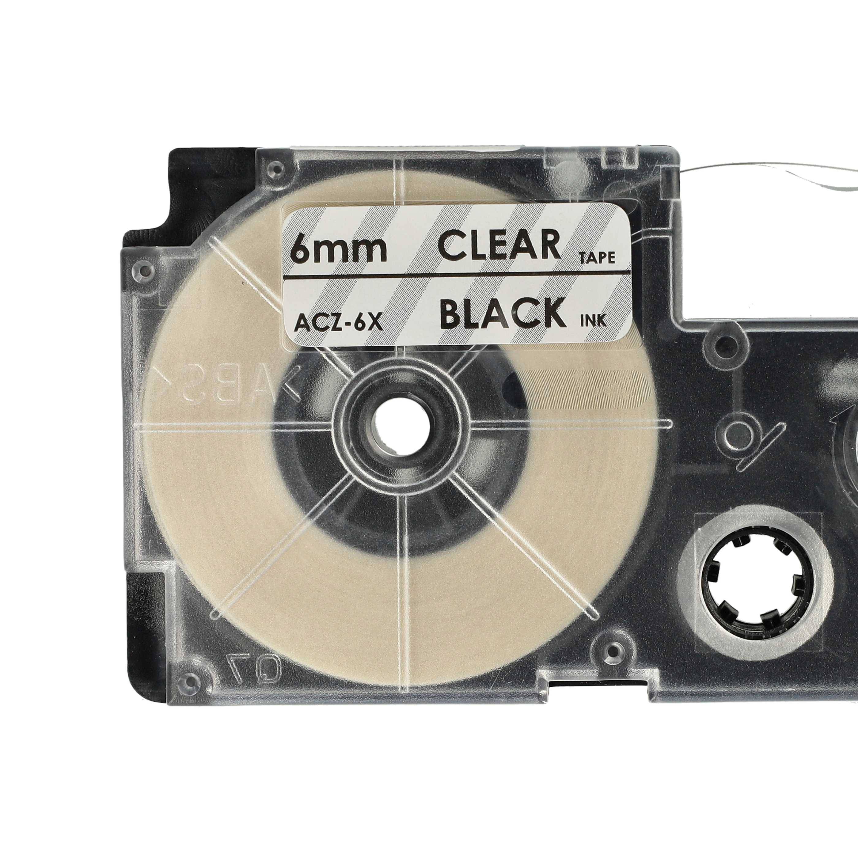 vhbw Schriftband-Kassette Ersatz für Casio XR-6X1, XR-6X für Etiketten-Drucker 8m x 6mm Schwarz auf Transparent