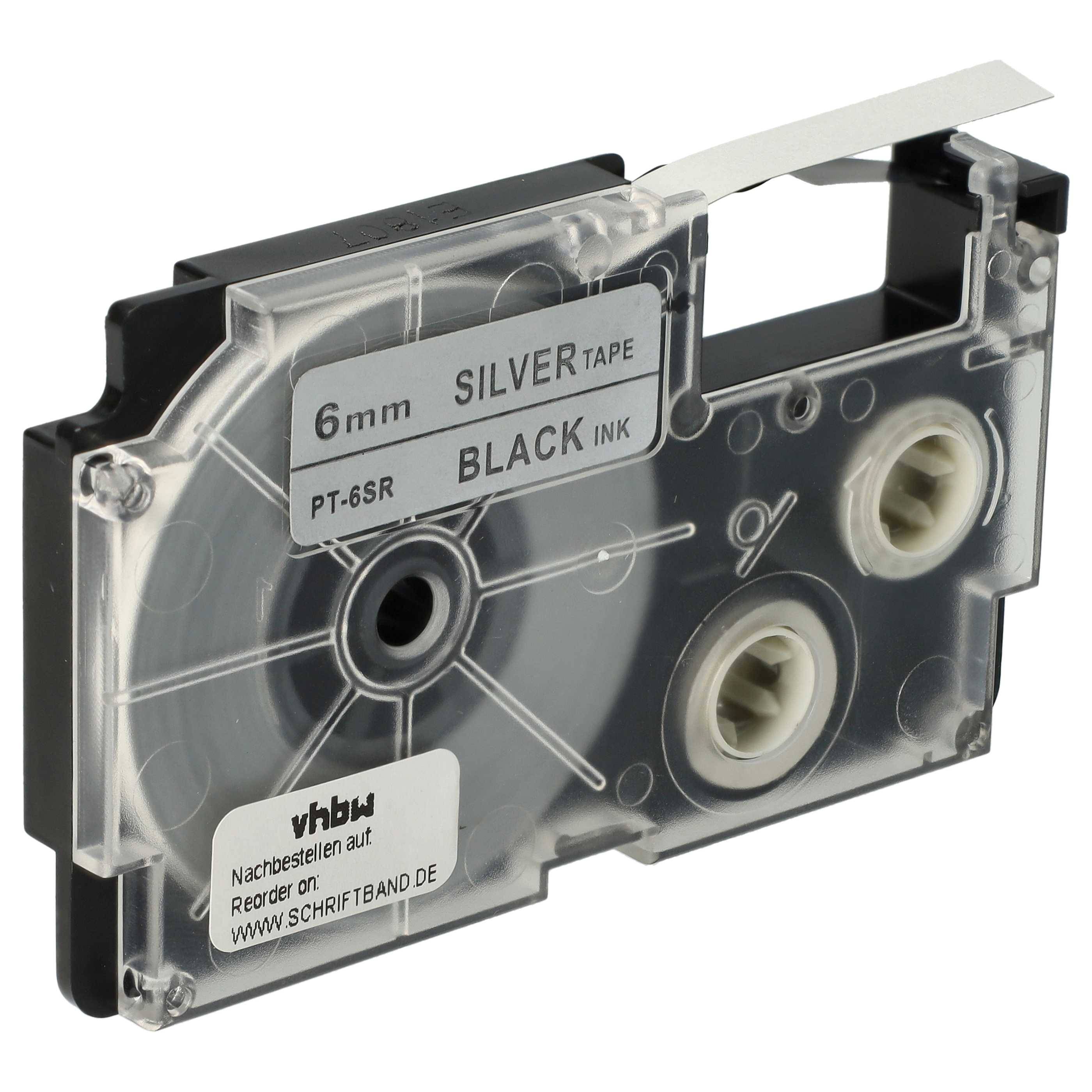 vhbw Schriftband-Kassette kompatibel mit Casio KL-750E, KL-8100, KL-7400, KL-820, KL-780, KL-7200 Etiketten-Drucker 8m x 6mm Schwarz auf Silber