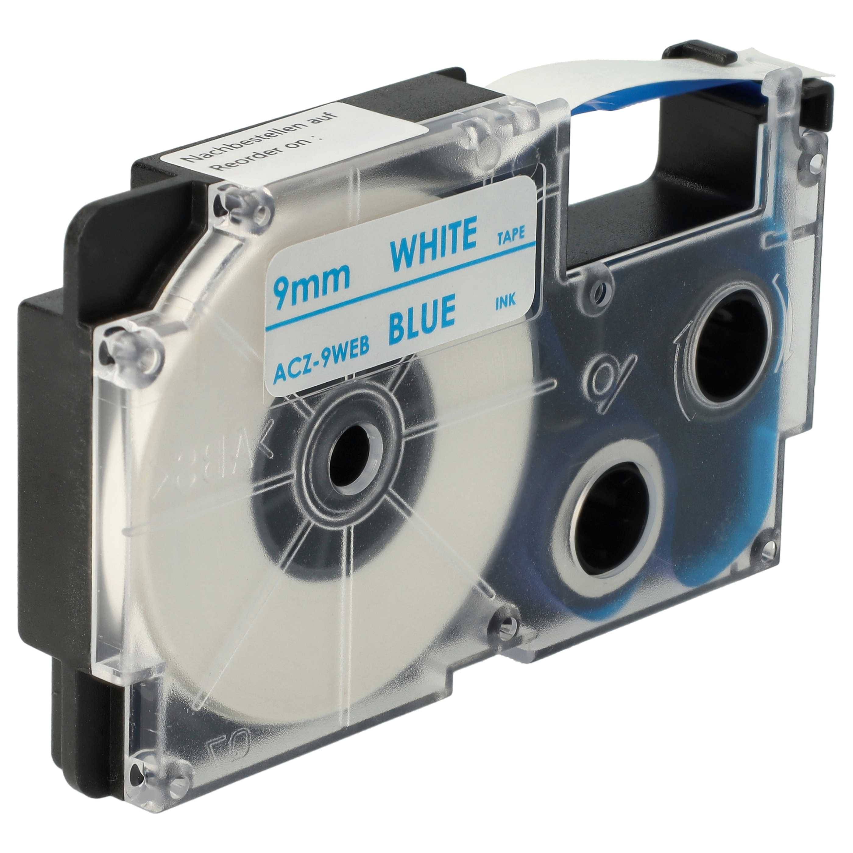 vhbw Schriftband-Kassette kompatibel mit Casio KL-300, KL-70E, KL-200E, KL-60, KL-7400, KL-7000, KL-7200 Etiketten-Drucker 8m x 9mm Blau auf Weiß