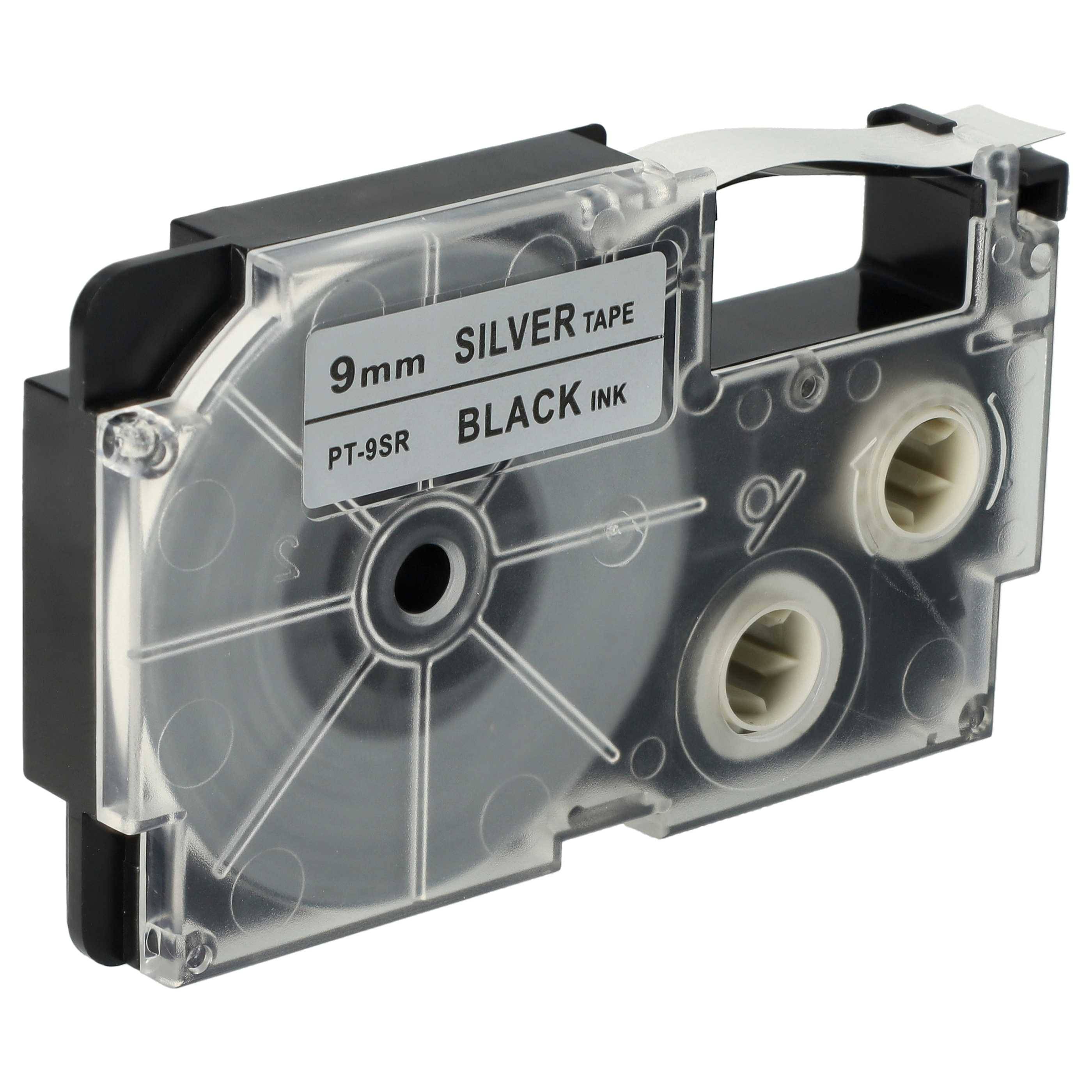 vhbw Schriftband-Kassette kompatibel mit Casio KL-C500, KL-8200, KL-P1000, KL-HD1, KL-G2 Etiketten-Drucker 8m x 9mm Schwarz auf Silber