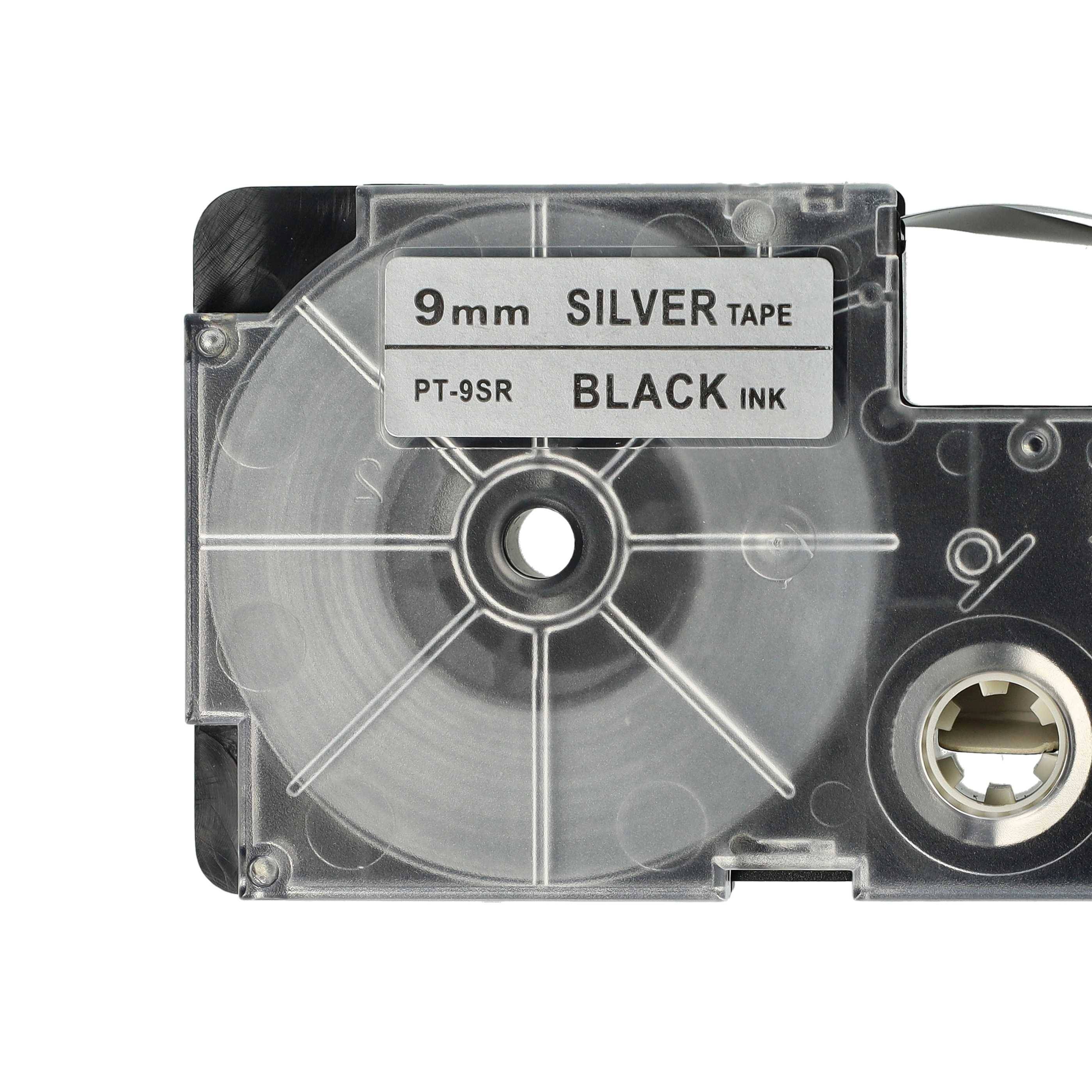 vhbw Schriftband-Kassette kompatibel mit Casio KL-200, KL-130, KL-100E, KL-120, KL-1500, CW-L300 Etiketten-Drucker 8m x 9mm Schwarz auf Silber