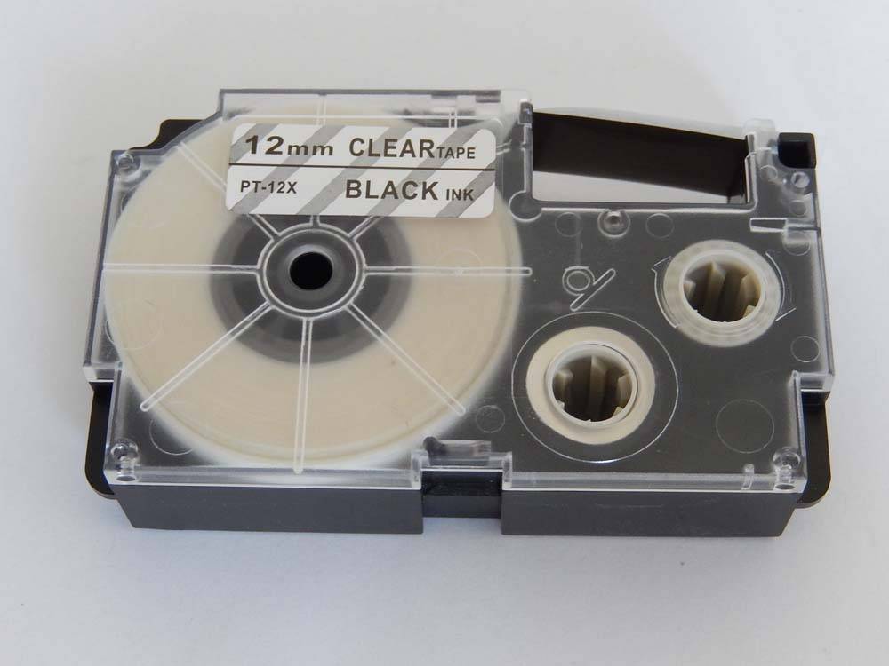 vhbw Schriftband-Kassette kompatibel mit Casio KL-2000, KL-60, KL-70E, KL-300, KL-7000, KL-200E Etiketten-Drucker 12mm Schwarz auf Transparent