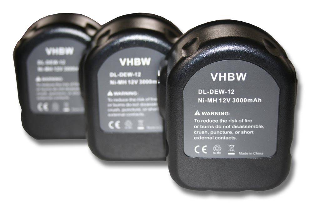 vhbw 3x Akku kompatibel mit Dewalt DW052Z, DW052K2H, DW052K, DW053K-2, DW052K-2, DC980KB, DW053K Werkzeug (3000 mAh, NiMH, 12 V)