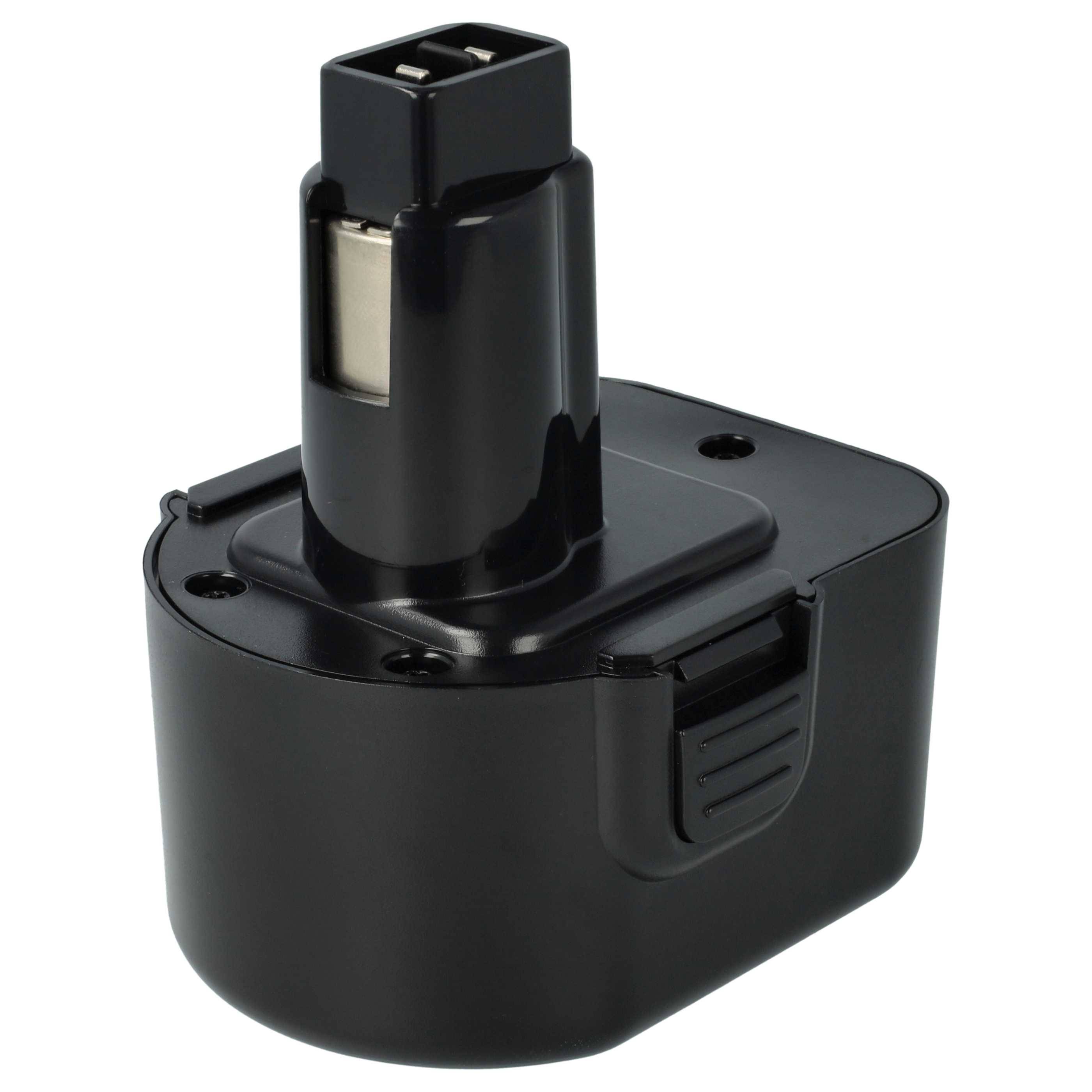 Ein schwarzes, rechteckiges wiederaufladbares Batteriepack, das für die Verwendung mit kabellosen Elektrowerkzeugen konzipiert ist und über einen gerippten Stecker verfügt.