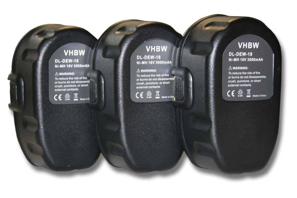 vhbw 3x Akku (3000 mAh, NiMH, 18 V) kompatibel mit Dewalt DC725KB, DC725KA, DC759KA, DC729KA, DC720KA, DC721KB, DC759, DC721KA Werkzeug