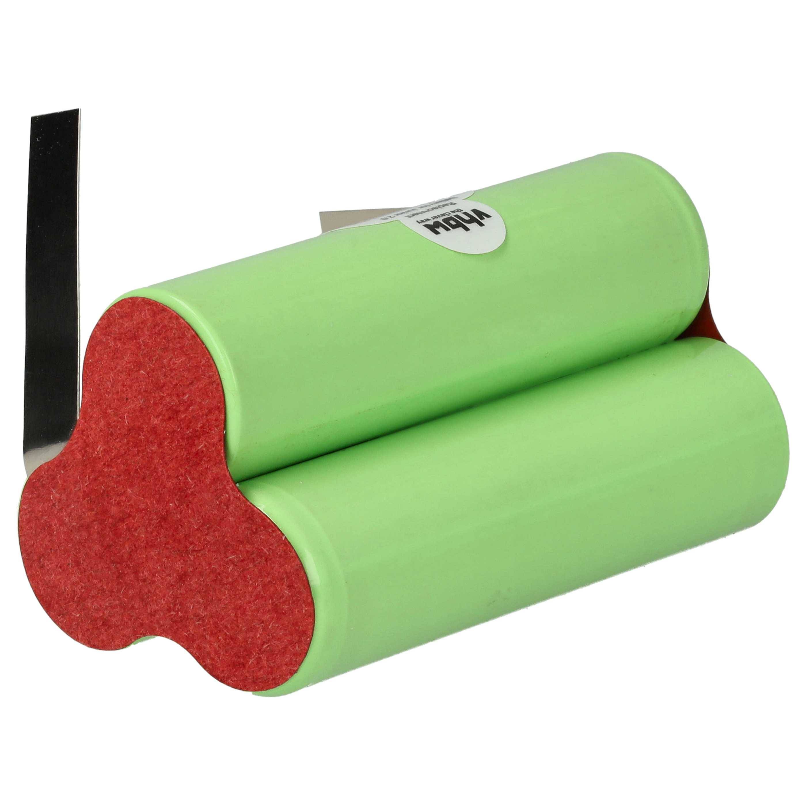 Grünes Batteriepaket mit zwei zylindrischen Zellen, roter Endkappe und metallischem Verbindungsstreifen. Geeignet für elektronische Geräte oder Werkzeuge.