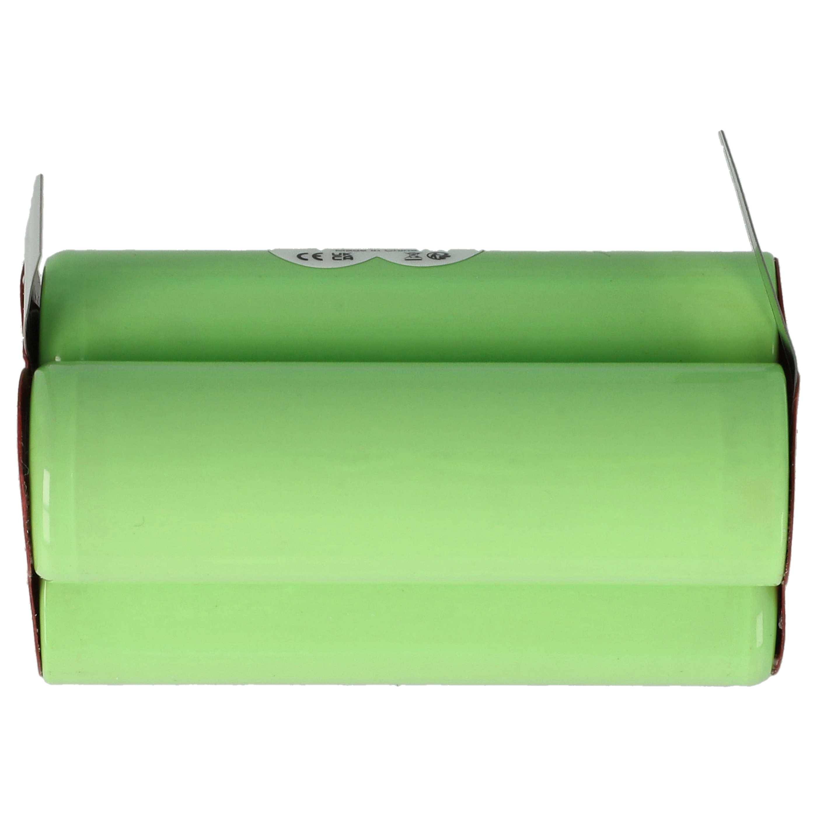 Ein grünes zylindrisches Batteriepaket mit zwei nebeneinander angeordneten Zellen, teilweise sichtbare Metallfahnen an jedem Ende für die Konnektivität.