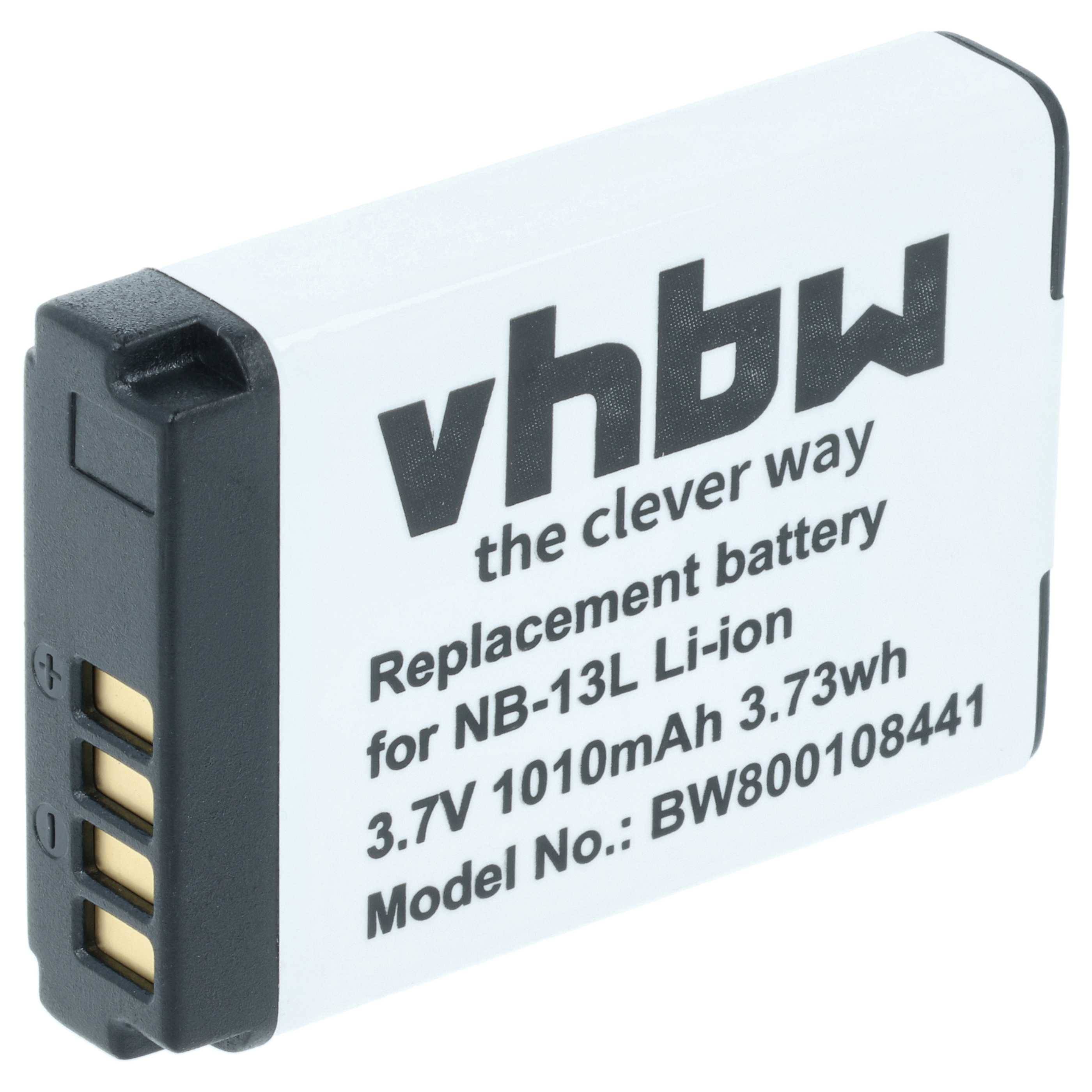 Akku beschriftet 'vhbw die clevere Art. Ersatzakku für NB-13L Lithium-Ionen. 3,7V 1010mAh 3,73Wh. Modell-Nr. BW800108441.