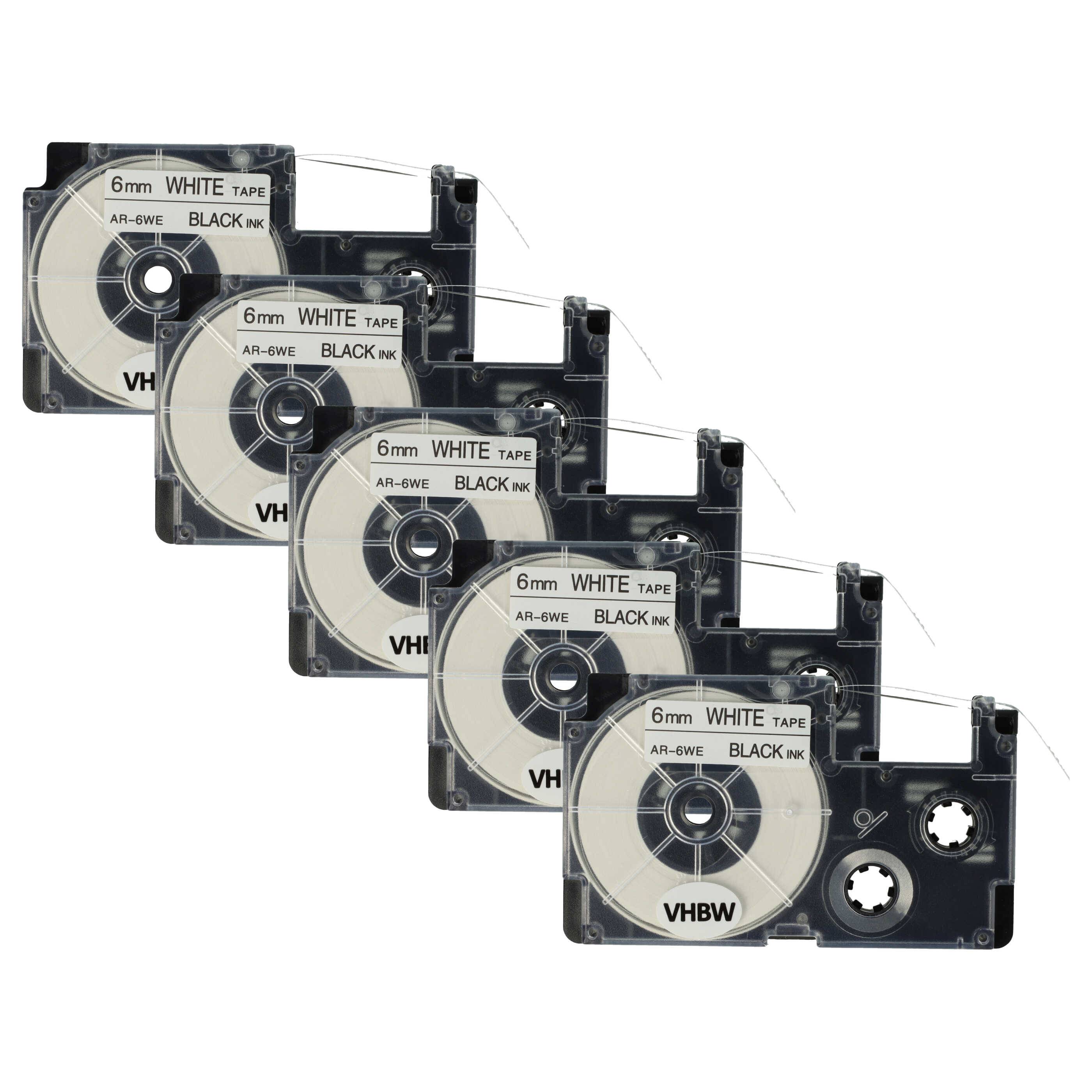 vhbw 5x Schriftband-Kassette kompatibel mit Casio KL-200, KL-130, KL-100E, KL-120, KL-1500, CW-L300 Etiketten-Drucker 8m x 6mm Schwarz auf Weiß