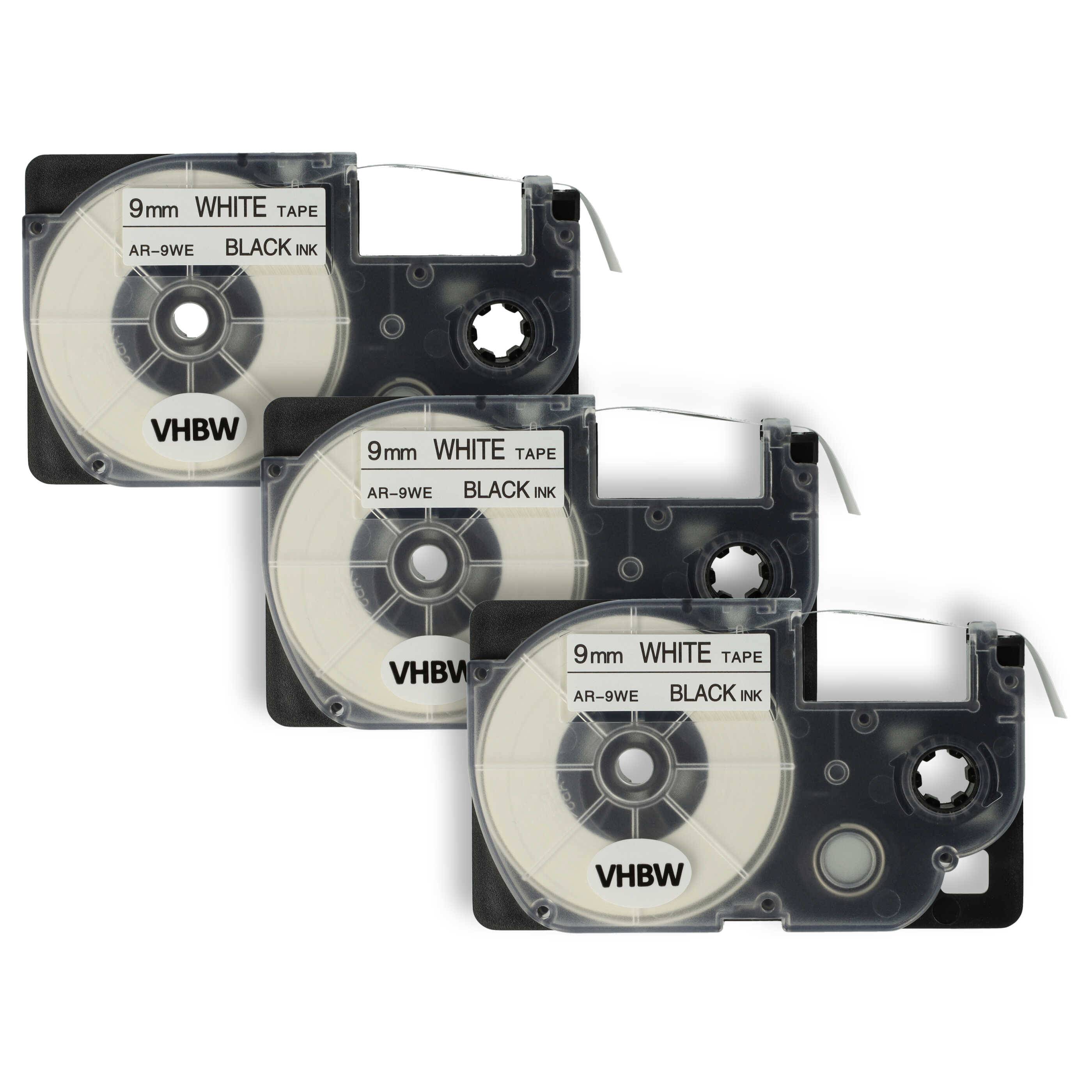 vhbw 3x Schriftband-Kassette kompatibel mit Casio KL-C500, KL-8200, KL-P1000, KL-HD1, KL-G2 Etiketten-Drucker 8m x 9mm Schwarz auf Weiß