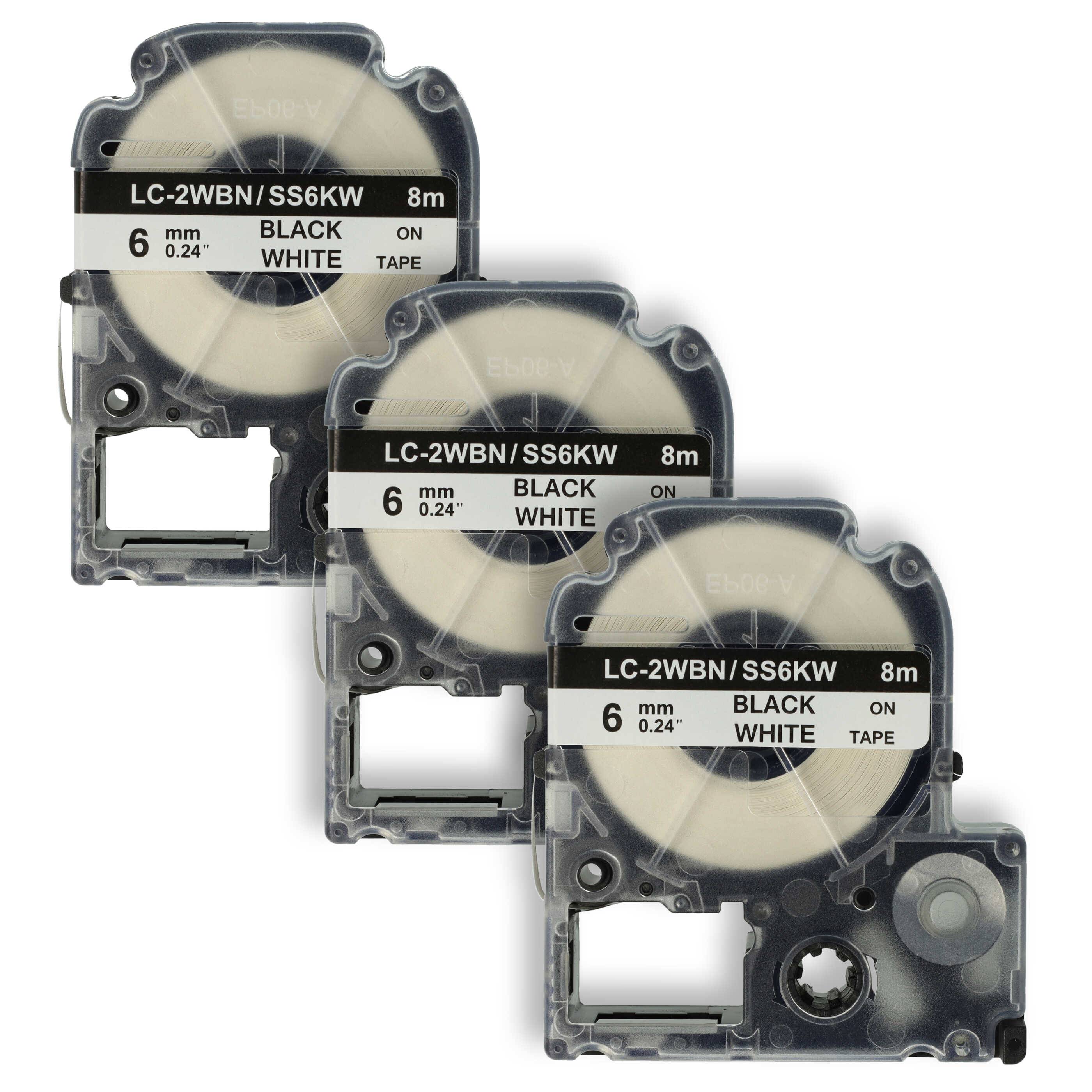 vhbw 3x Schriftband-Kassette Ersatz für KingJim SS6KW für Etiketten-Drucker 8m x 6mm Schwarz auf Weiß