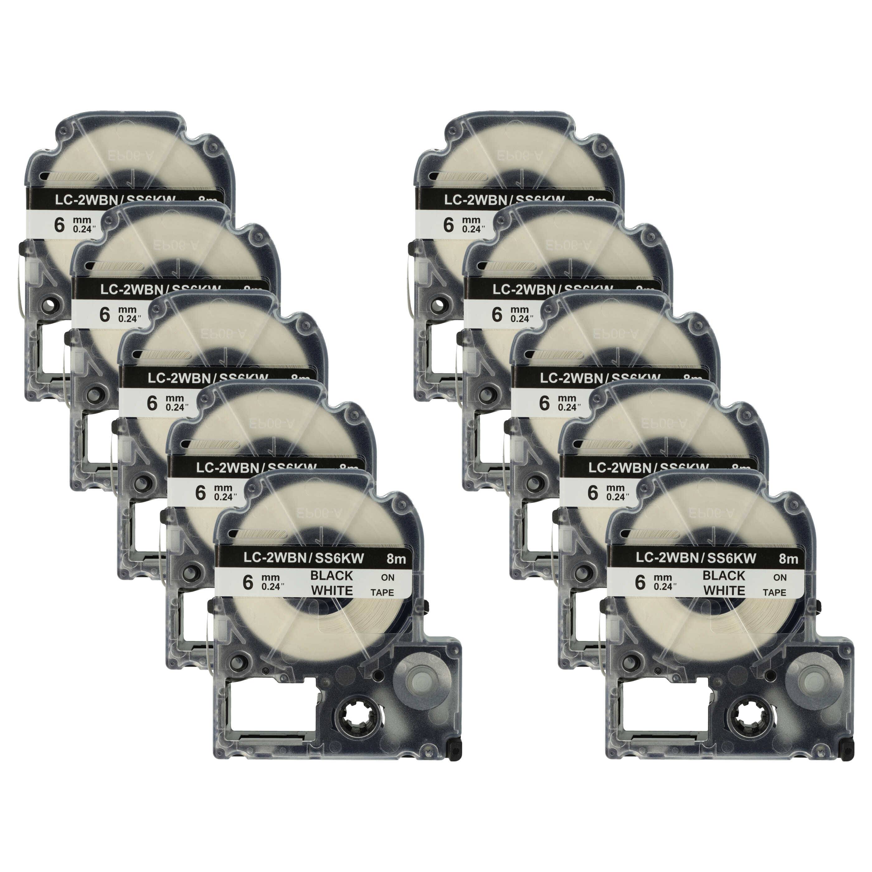 vhbw 10x Schriftband-Kassette Ersatz für KingJim SS6KW für Etiketten-Drucker 8m x 6mm Schwarz auf Weiß