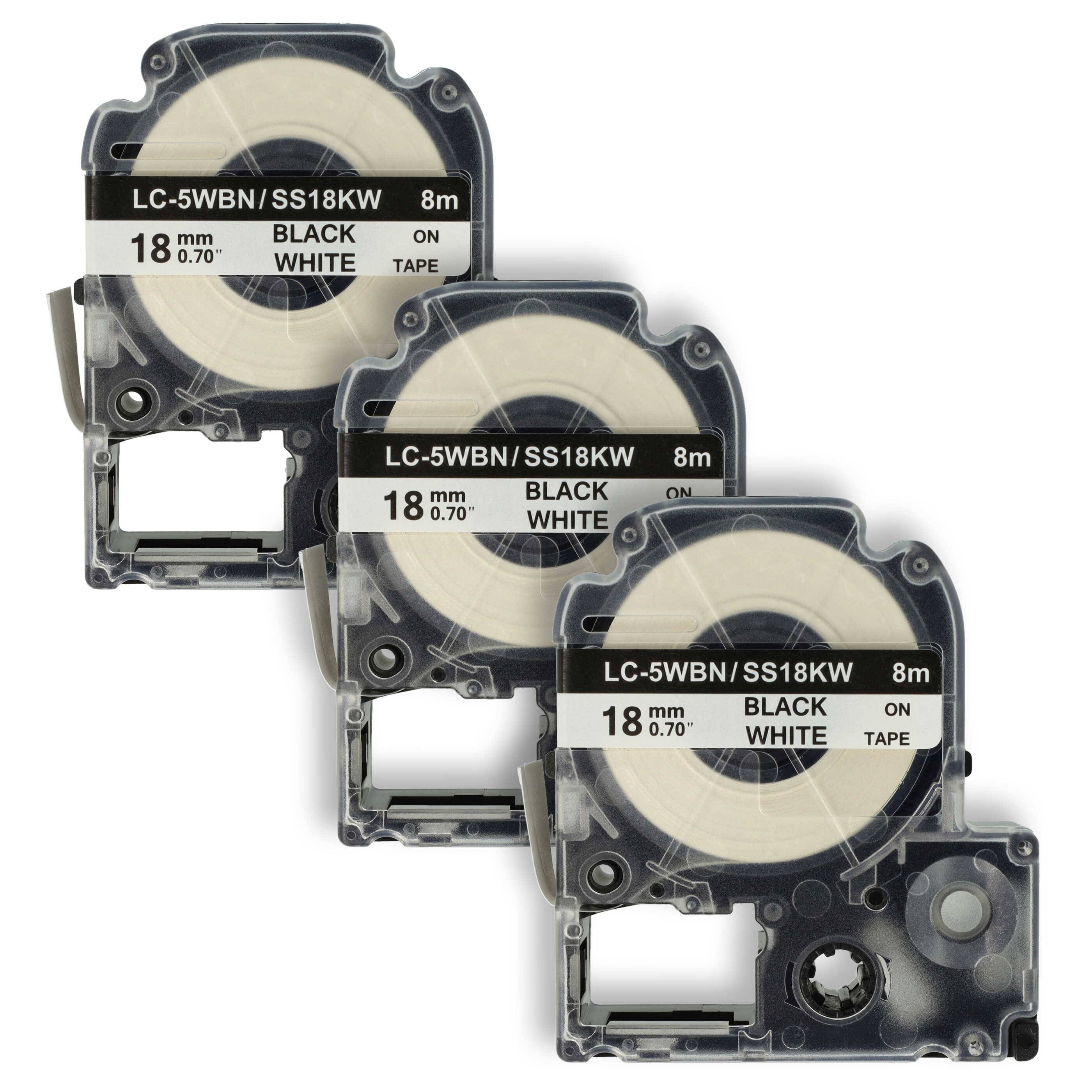 vhbw 3x Schriftband-Kassette kompatibel mit KingJim SR-PBW1, SR-RK1, SR6700D, SR750, SR950 Etiketten-Drucker 8m x 18mm Schwarz auf Weiß