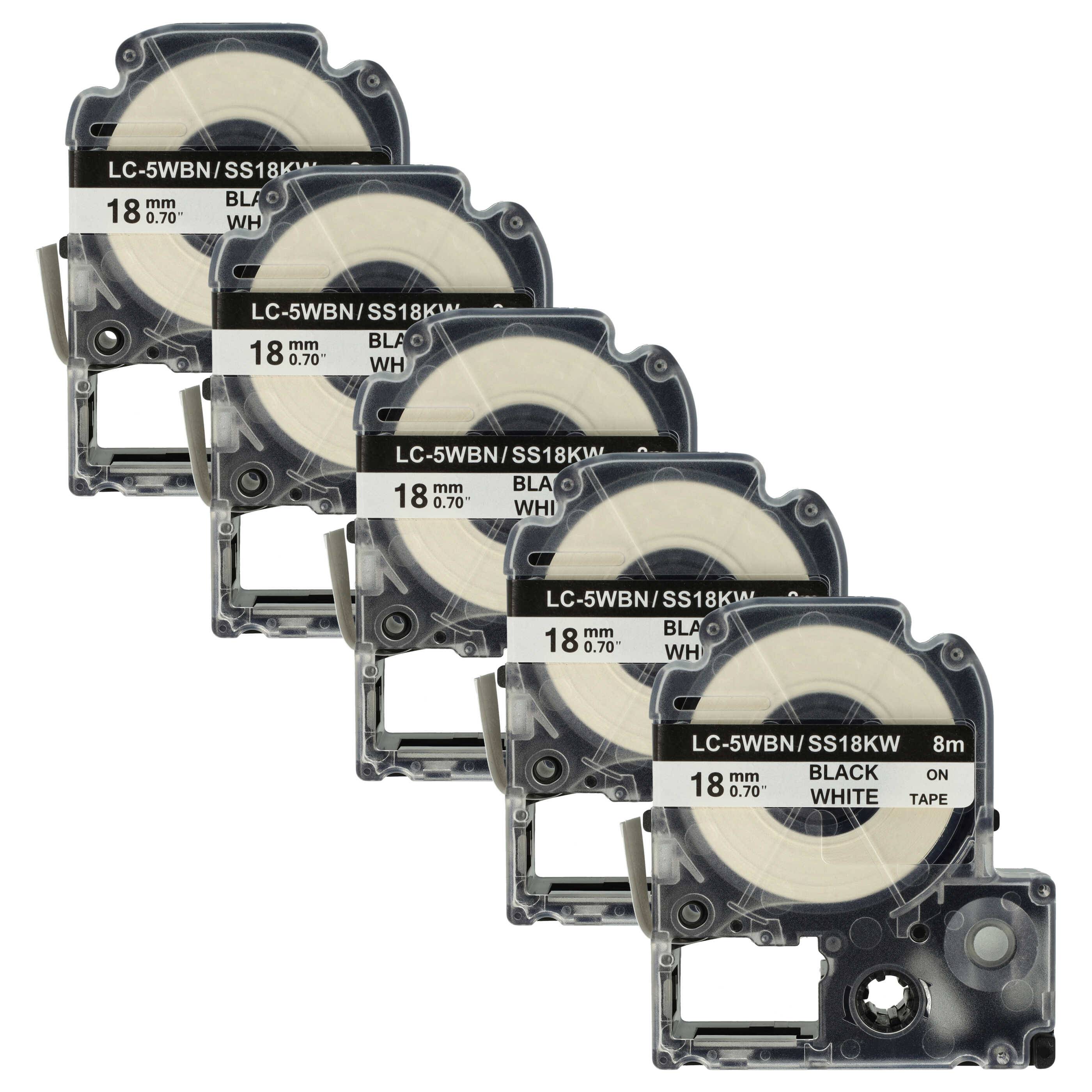 vhbw 5x Schriftband-Kassette kompatibel mit KingJim SR550, SR530C, SR6700D, SR750, SR950 Etiketten-Drucker 8m x 18mm Schwarz auf Weiß, Kunststoff