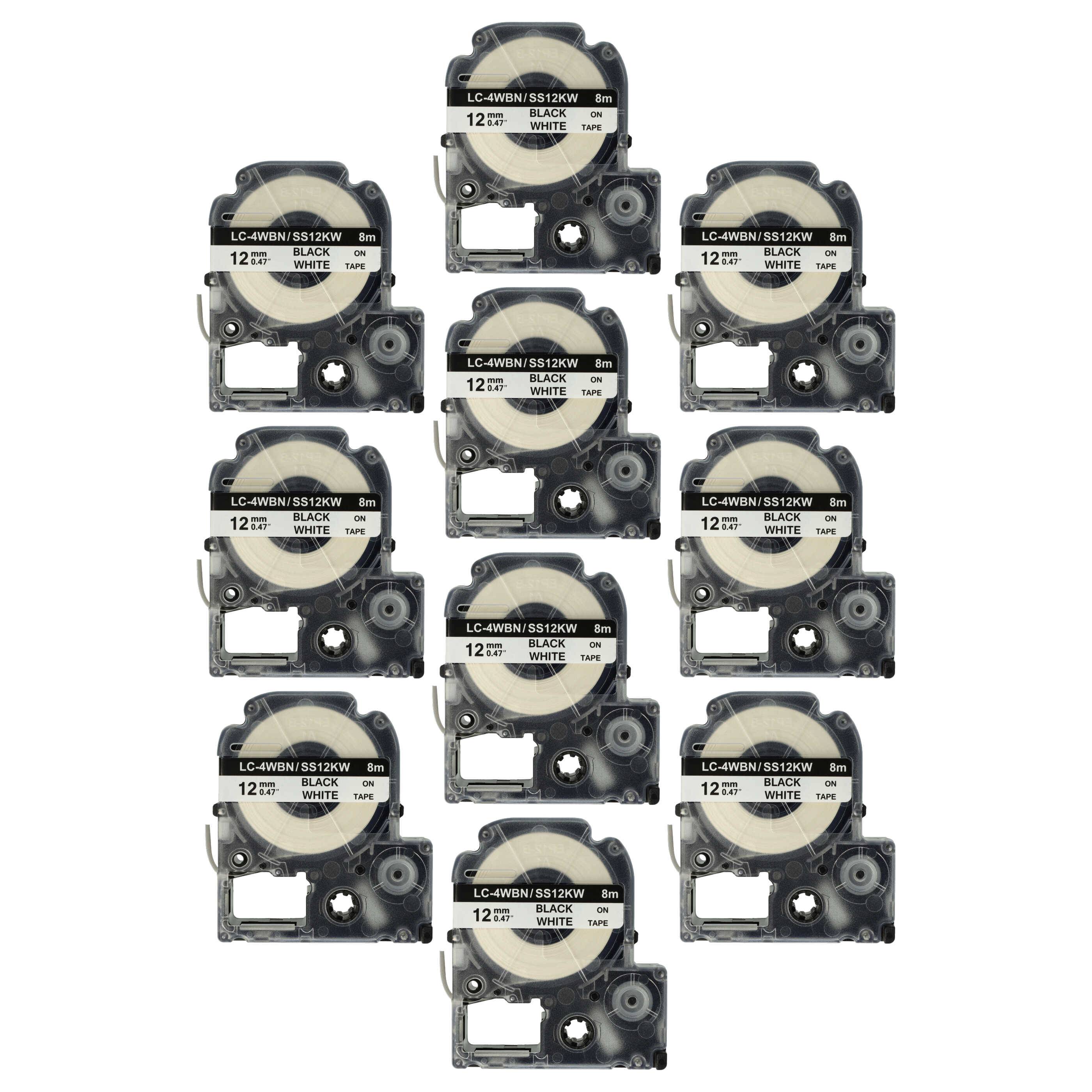 vhbw 10x Schriftband-Kassette kompatibel mit KingJim SR150, SR3700P, SR330, SR300TF, SR180, SR230C Etiketten-Drucker 8m x 12mm Schwarz auf Weiß