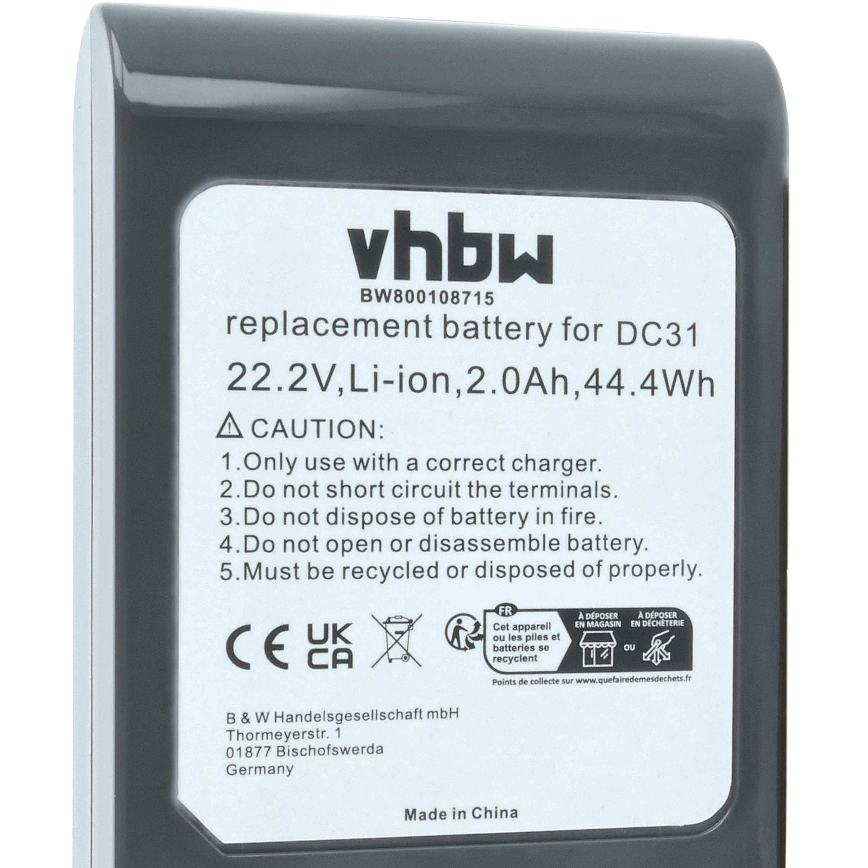 vhbw Akku kompatibel mit Dyson DC31, DC35, DC30, DC35 Exclusive, DC44, DC31 Animal, DC34 Staubsauger - Typ A (2000 mAh, 22,2 V, Li-Ion)