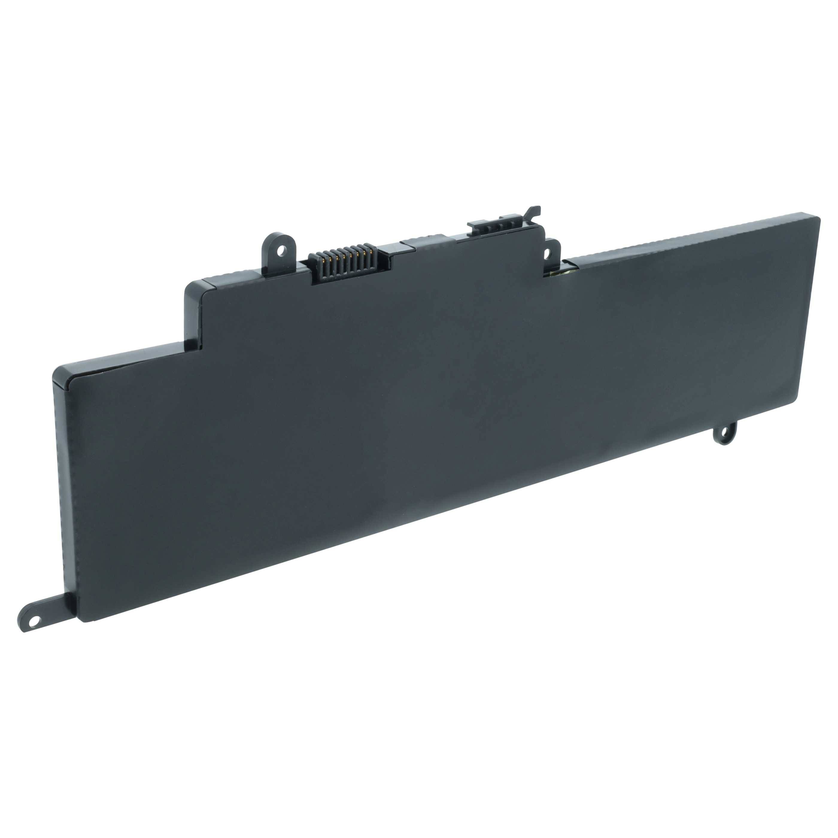Ein rechteckiger schwarzer Laptop-Akku mit Anschlüssen oben, der zum Austausch in bestimmten Laptop-Modellen konzipiert ist.