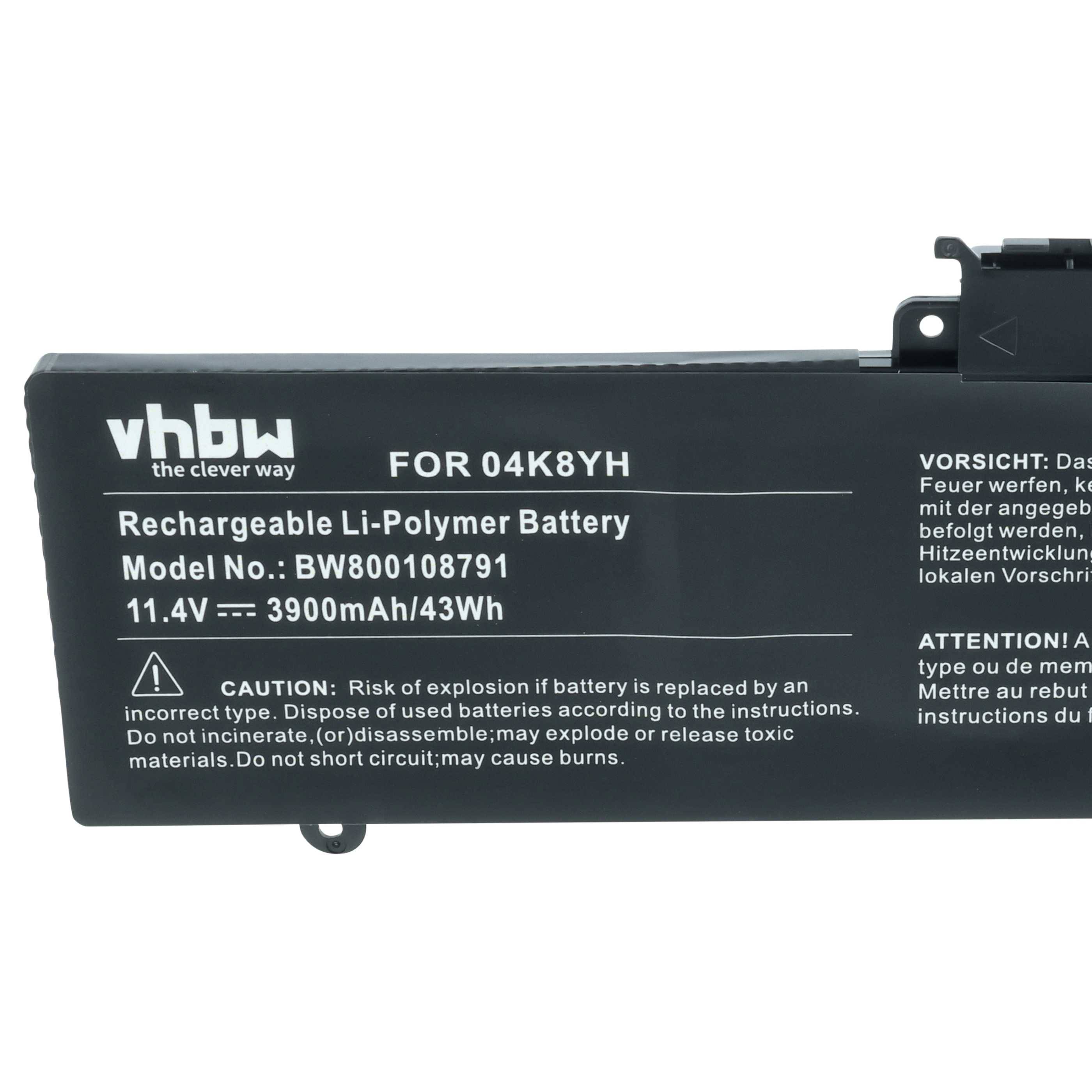 Wiederaufladbare Li-Polymer-Batterie für 04K8YH, Modell BW8004879H, 11,4V, 3900mAh/43Wh. Vorsichtsmaßnahmen und Richtlinien zur lokalen Entsorgung.