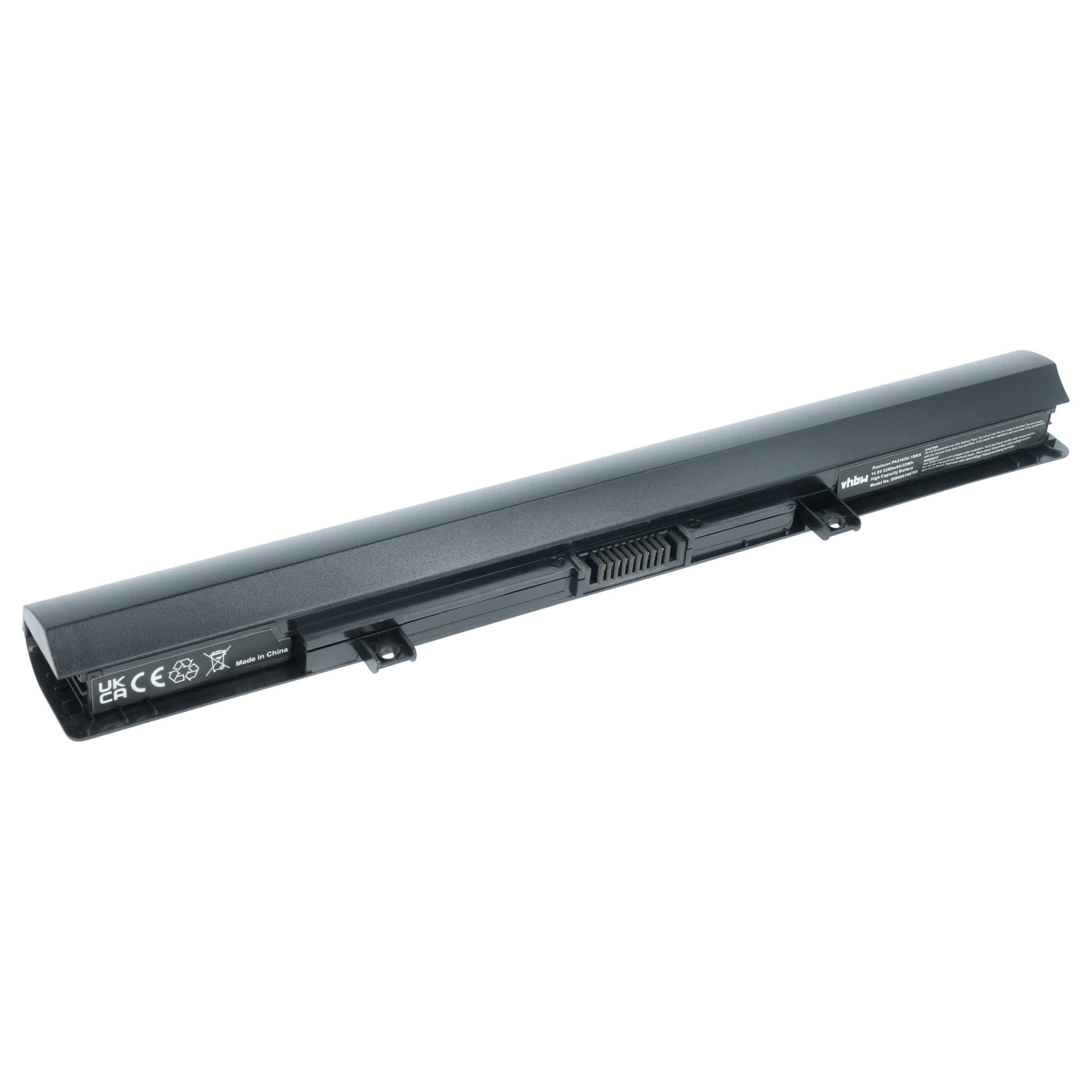 Eine zylindrische schwarze Laptop-Batterie mit Markenbeschriftung liegt auf einem weißen Hintergrund. Sie weist Symbole auf, die Spezifikationen und Konformität anzeigen.
