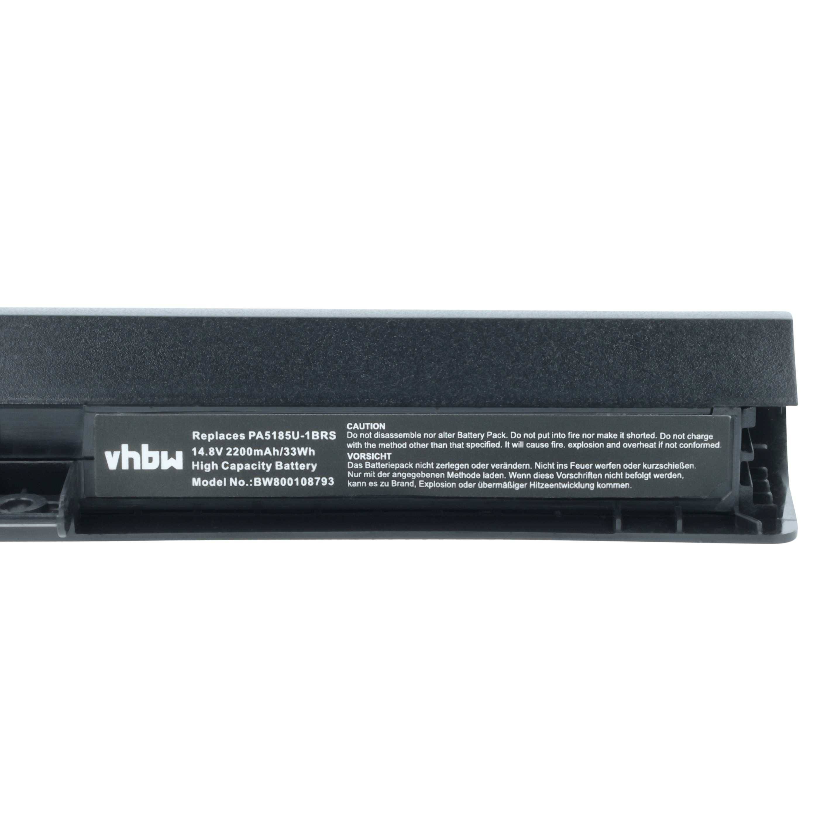Schwarzer Laptop-Akku mit der Bezeichnung 'vhbw' und dem Modell 'PA5185U-1BRS'. Der Akku hat die Spezifikationen 14,4V, 2200mAh, 32Wh sowie Sicherheitshinweise.