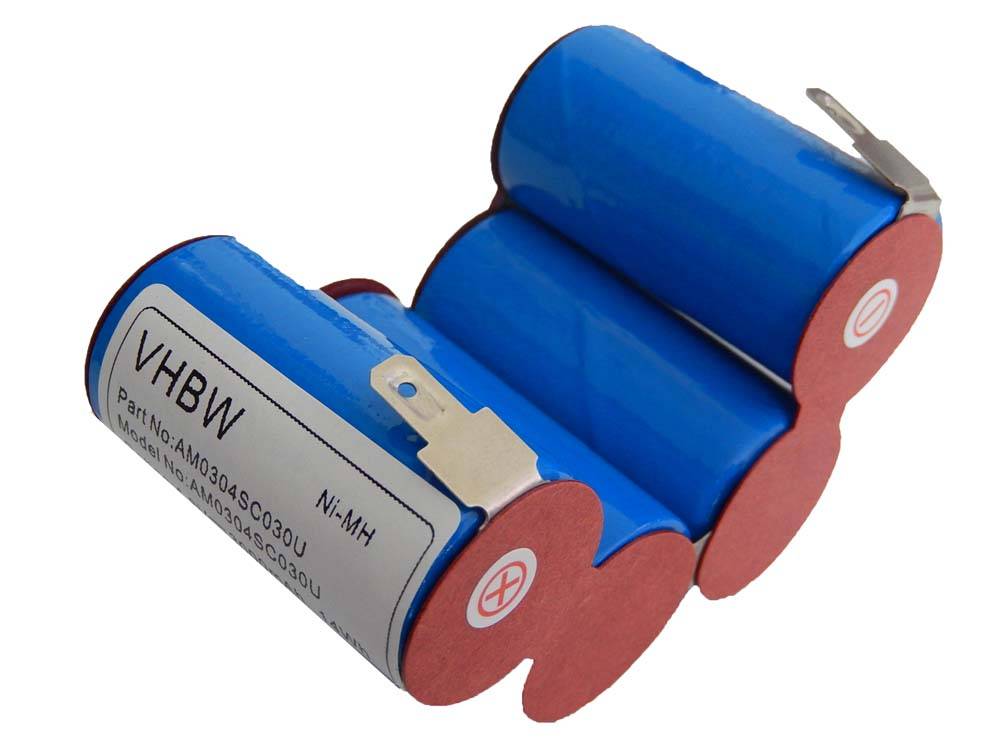 Ein blaues VHbw Nickel-Metall-Hydrid-Batteriepack mit drei zylindrischen Zellen, gekennzeichnet mit der Teilenummer AM0034SC030U, mit positiven und negativen Anschlüssen.