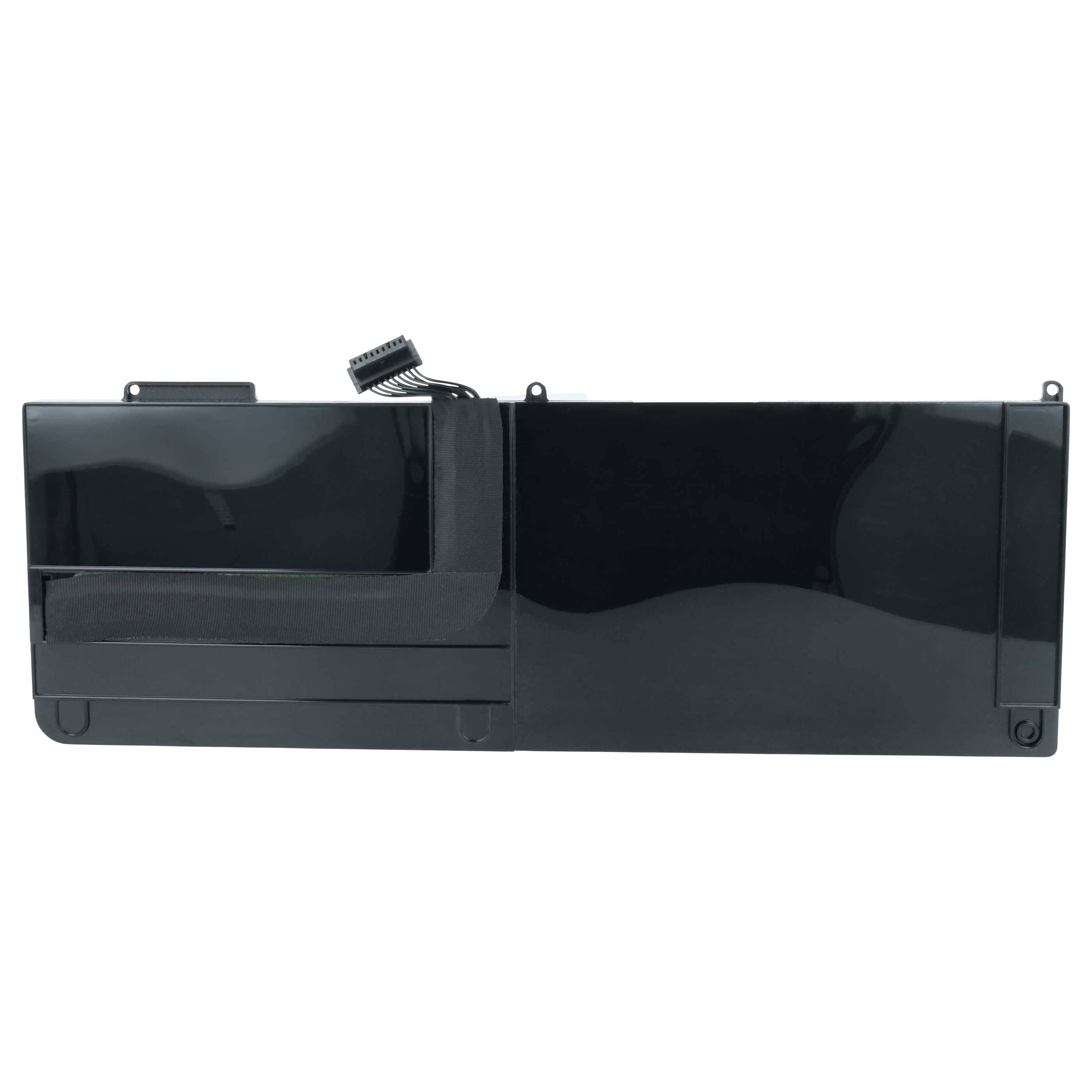 Eine schwarze Laptop-Batterie mit sichtbaren Verbindungskabeln am oberen Rand, konzipiert für den Ersatz in kompatiblen Laptop-Modellen.