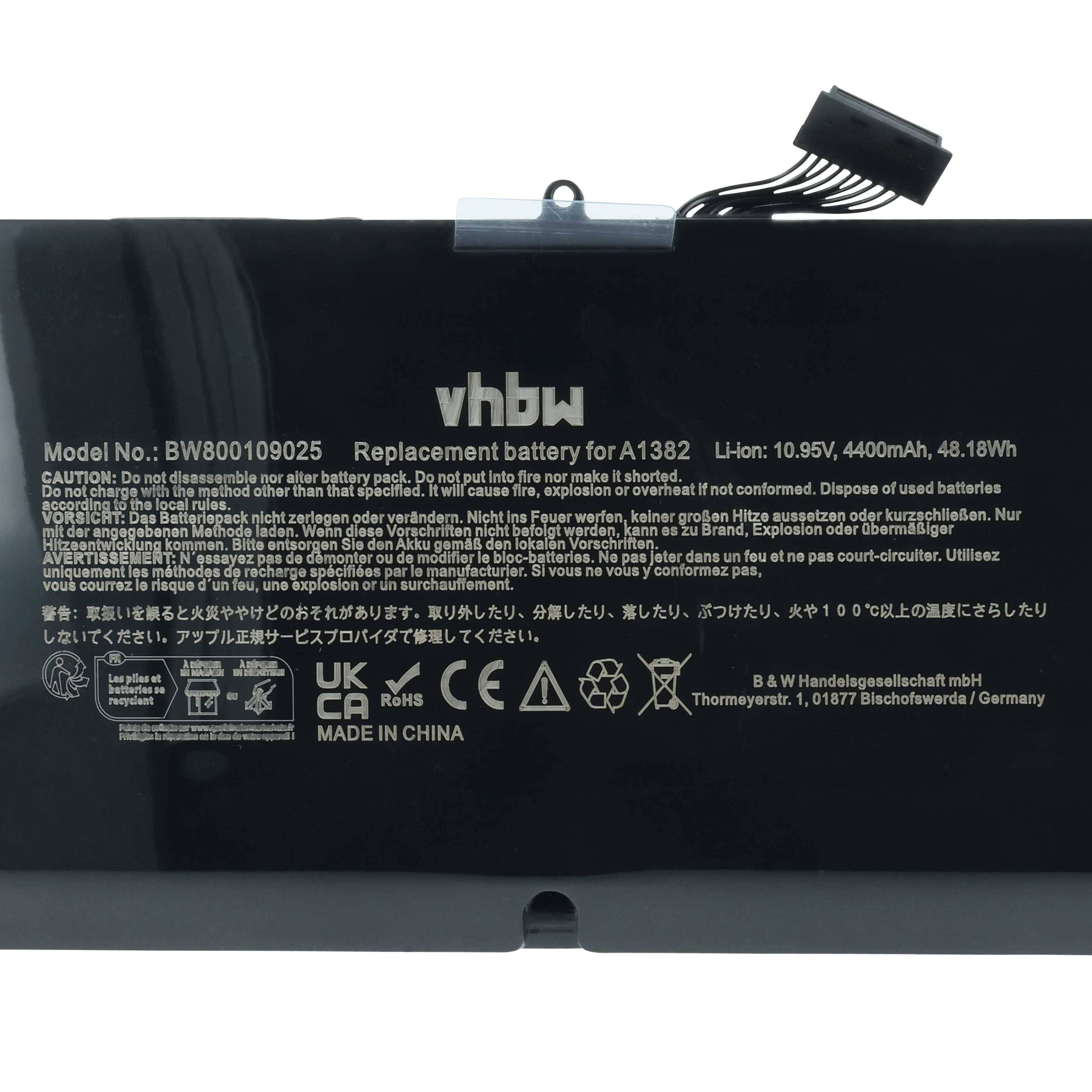 Ersatzbatterie für Modell A1382. Spezifikationen: 10,95V, 4400mAh, 48,18Wh. Inklusive Hersteller- und Sicherheitsdetails.