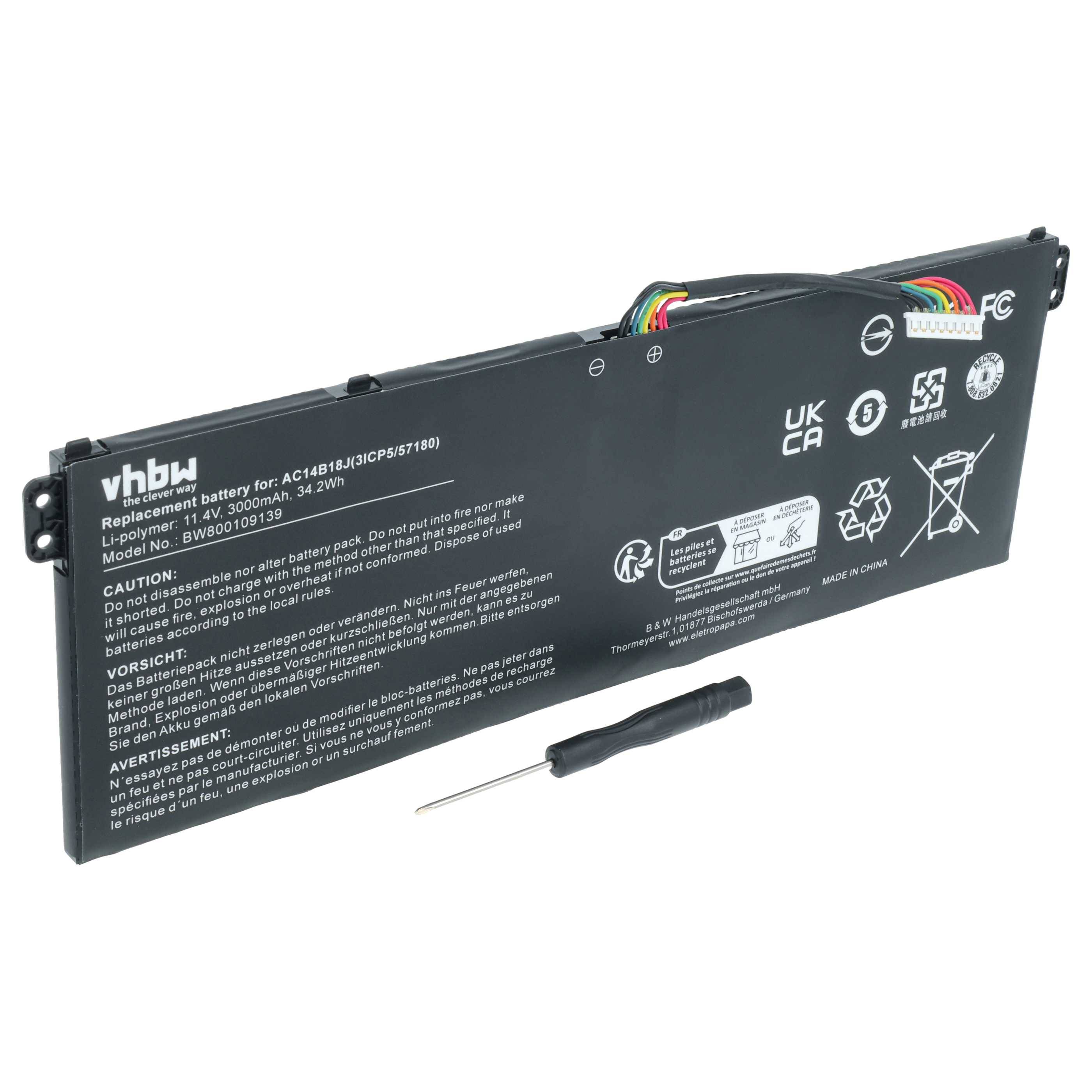 vhbw 1x Akku kompatibel mit Acer Aspire ES1-533-C55P, ES1-533-C6PG, ES1-533-C72X Notebook (3000 mAh, 11,4 V, Li-Polymer)