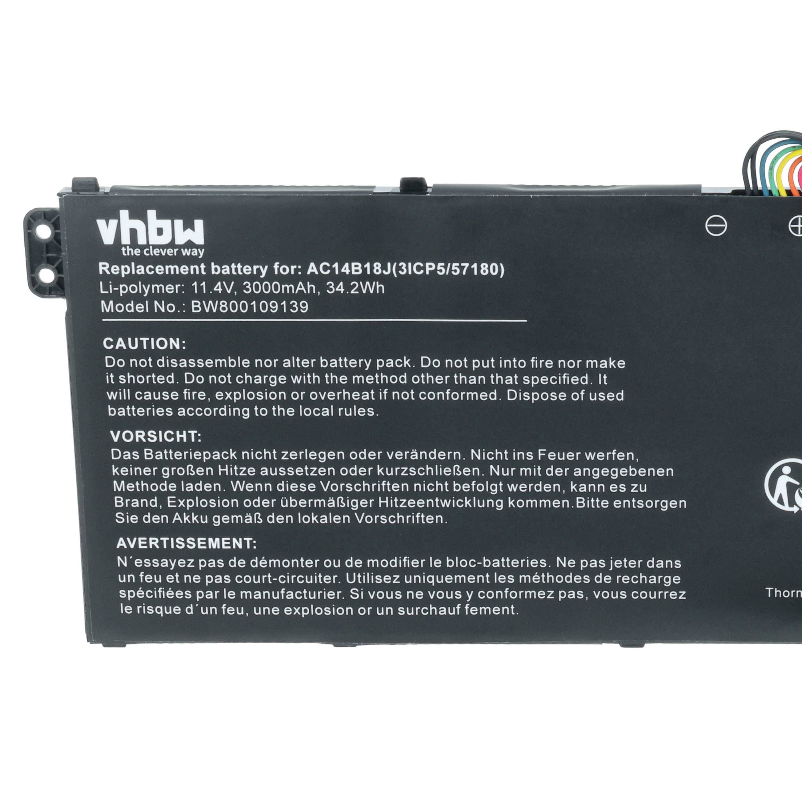 vhbw 1x Akku kompatibel mit Acer Aspire 3 A315-55G-572M, 3 A315-55G-550G, 3 A315-55G-56FH Notebook (3000 mAh, 11,4 V, Li-Polymer)