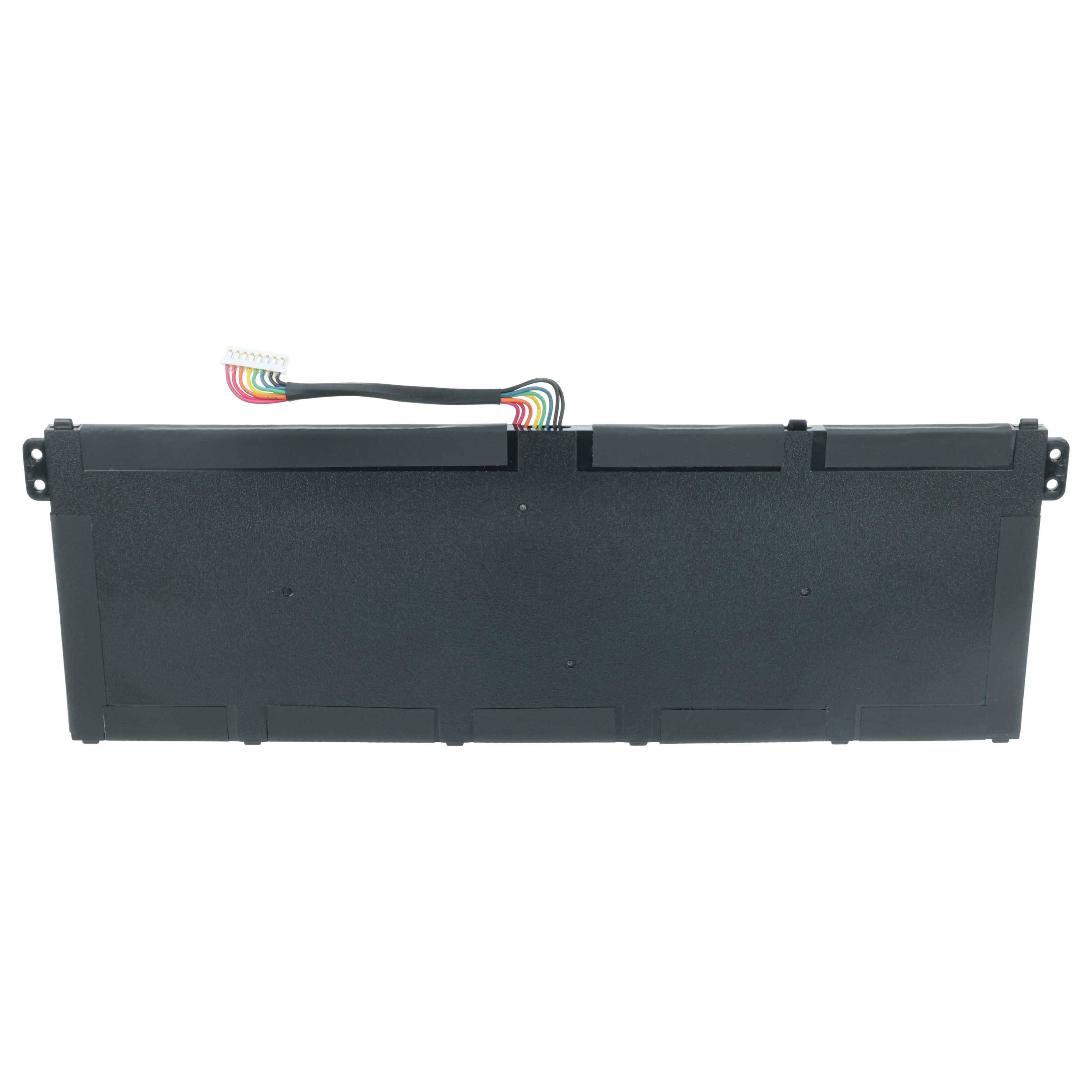 Ein rechteckiger schwarzer Laptop-Akku mit einem mehrfarbigen Stecker-Anschluss oben, entwickelt für die Kompatibilität mit bestimmten Laptop-Modellen.