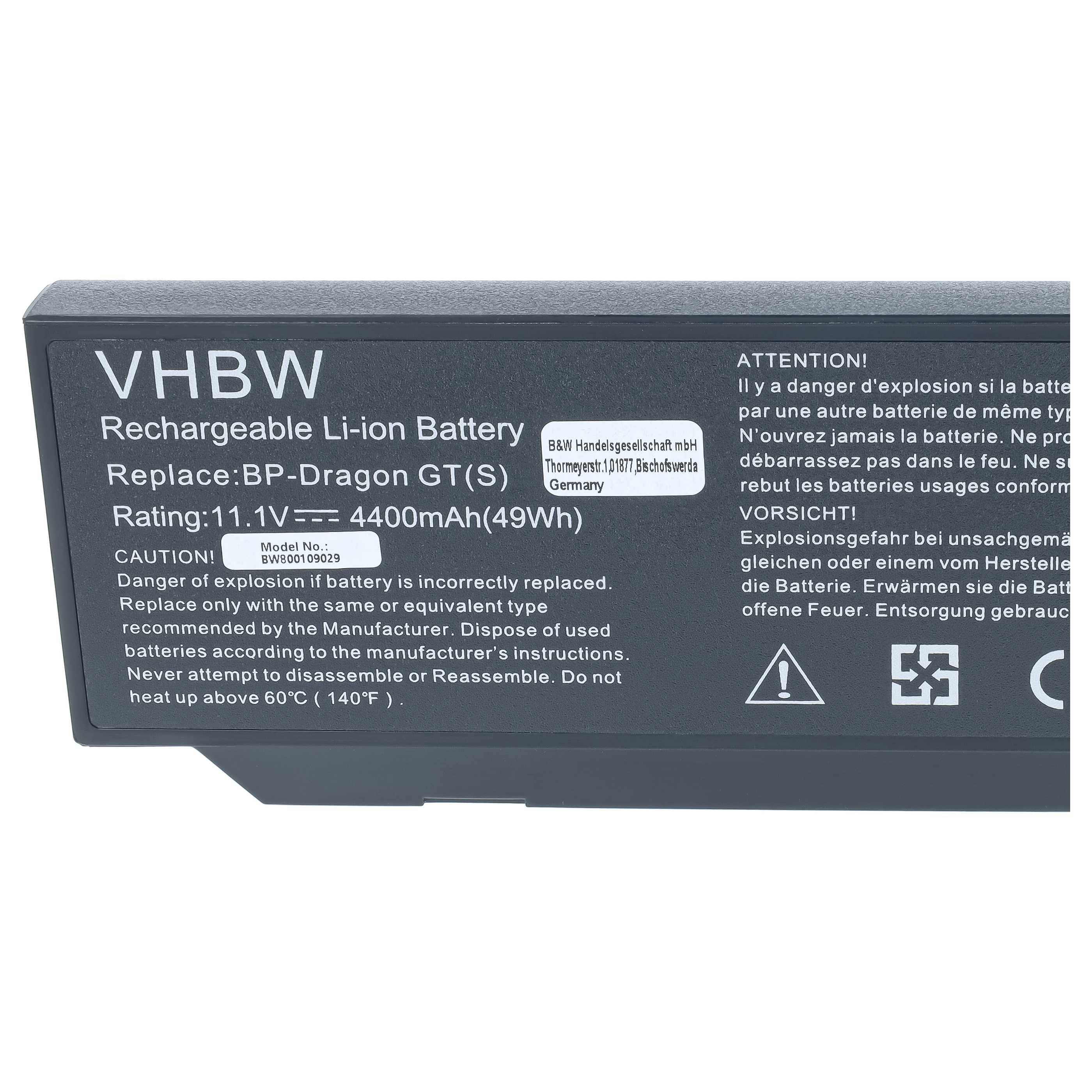 Schwarzer VHBW wiederaufladbarer Li-Ionen-Akku mit der Beschriftung "Replace: BP-Dragon GT(S)"" und 11,1V 4400mAh für einen Laptop oder ähnliches Gerät.