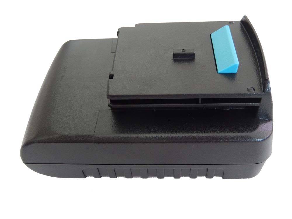 Ein schwarzes Kunststoffgerät mit einer blauen Klammer oben, wahrscheinlich ein Batterieladegerät oder eine Halterung, von der Seite betrachtet.