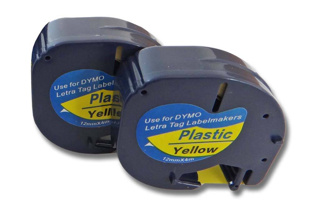 vhbw 2x Schriftband-Kassette kompatibel mit Dymo LetraTag LT-100H | LT-100T, QX50, XR, 200B Etiketten-Drucker 4m x 12mm Schwarz auf Gelb