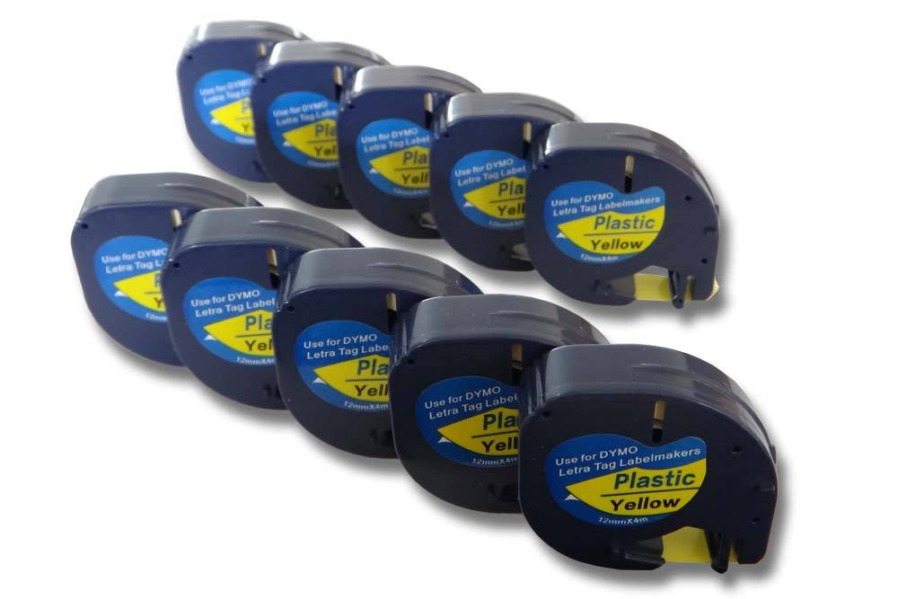 vhbw 10x Schriftband-Kassette kompatibel mit Dymo LetraTag LT-100H, LT-100T, QX50, XR, 200B Etiketten-Drucker 4m x 12mm Schwarz auf Gelb